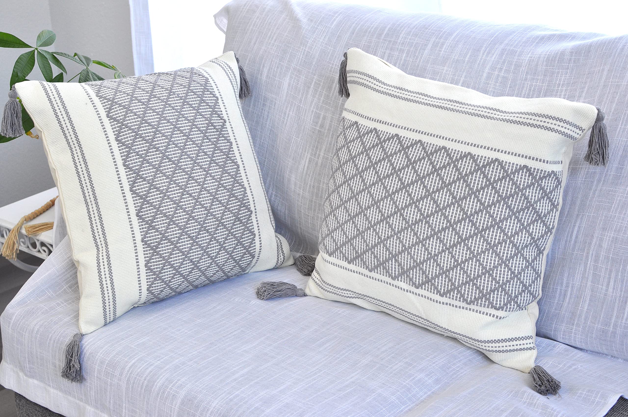 AmHoo Boho-Kissenbezüge, 2er-Set – Gestreift Mit Quasten, 45,7 X 45,7 Cm, Hellgrau
