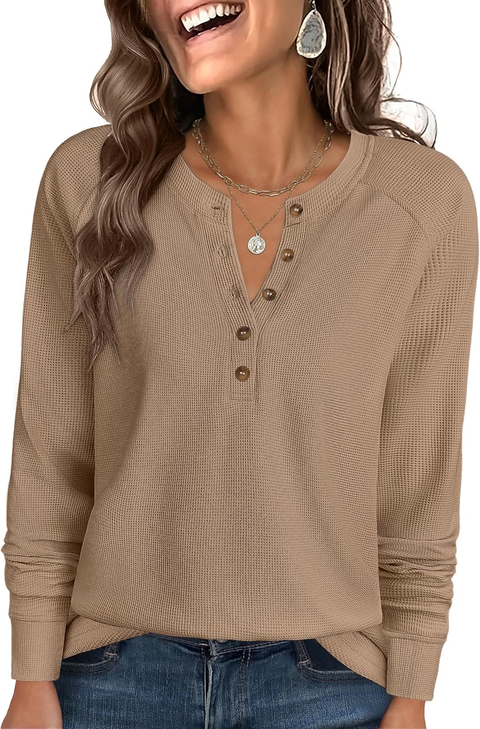 ANRABESS Women's Long Sleeve Waffle Knit Shirts Dressy Casual Loose Button Up V Neck Henley Tops 2026 Fall Basic Tee Blouse