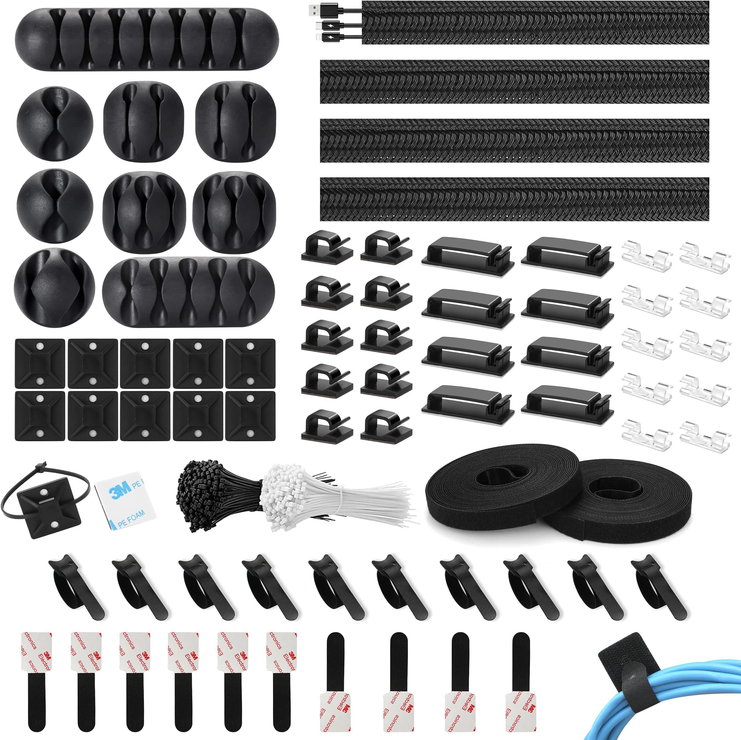 [273 Pcs] Cable Management Kit, Necomi Desk Cord Organizer إدارة الكابلات with 47 Adhesive Wire Clips, 200 Fasten Cable Ties, 4 Cord Sleeves Split, Home Office Cord Organizer for Desk etc
