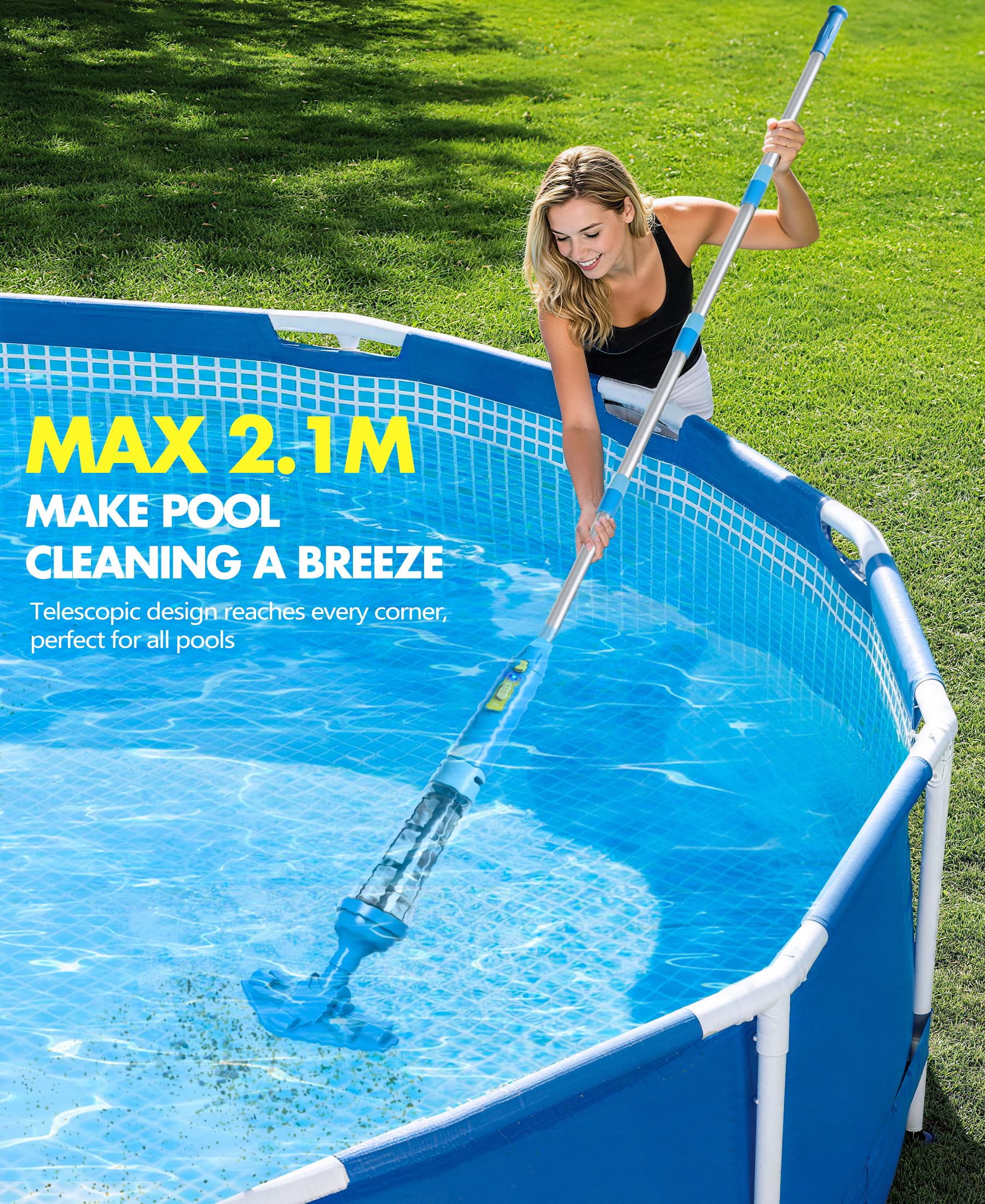 LanBlu Aspirador de Piscina con Pértiga Telescópica, 5200mAh Aspirador Piscina Bateria Tiempo de Funcionamiento hasta 90 Minutos, 60L/Min Potente Succión Aspiradora Piscinas Fondos para SPA Piscinas