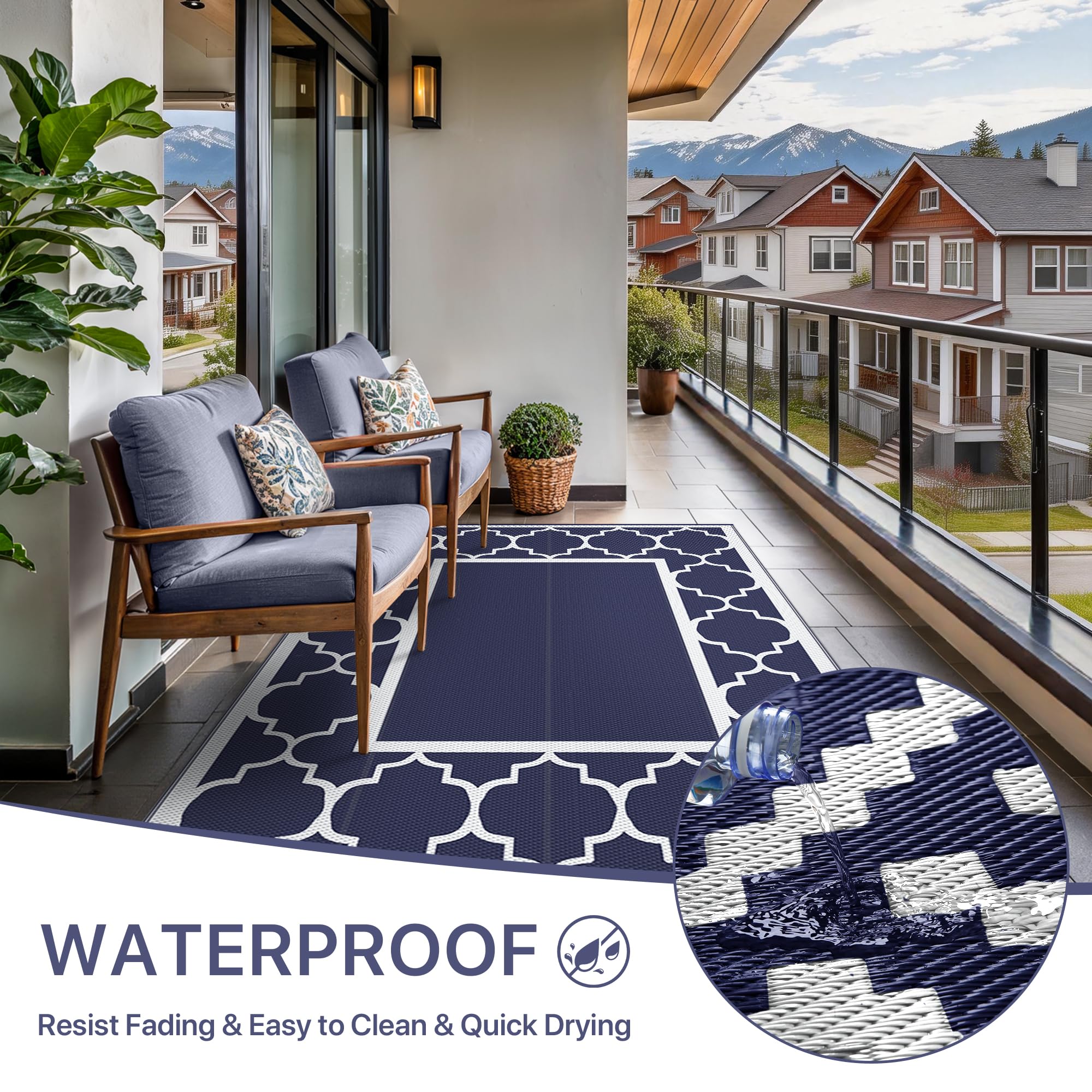 Outsunny Tappeto da Esterno per Balcone e Terrazza, Tappetino Reversibile con Fantasia Geometrica, Resistente ai Raggi UV, per Giardino, Patio, Spiaggia, Picnic, 182x274 cm, Grigio Scuro e Bianco