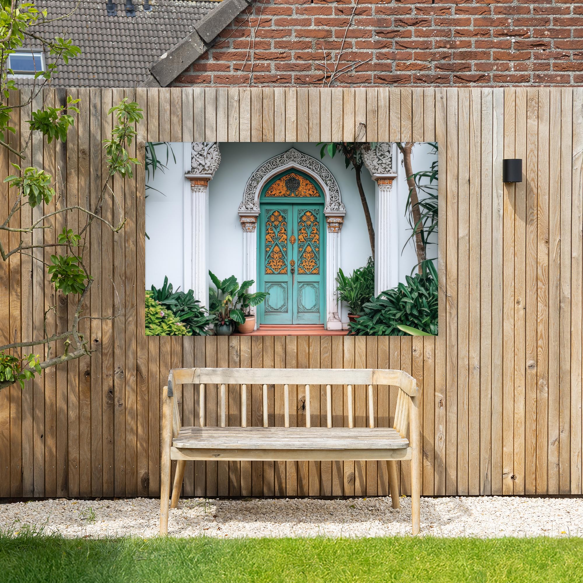 Outdoor Wandbild 150x100 cm Leinwand Für Draußen Gartendeko Terrasse Leinwandbilder Balkon Wandgemälde Deko Wetterfest Wall Art Tür - Muster - Pflanzen