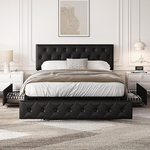 Yaheetech Queen Bed Frame Upholstered Bed Frame with Adjustable Diamond Button-Tufted Headboard/3 Drawers Storage, Queen Platform Bed/Strong Wooden Slats, Black Queen Bed