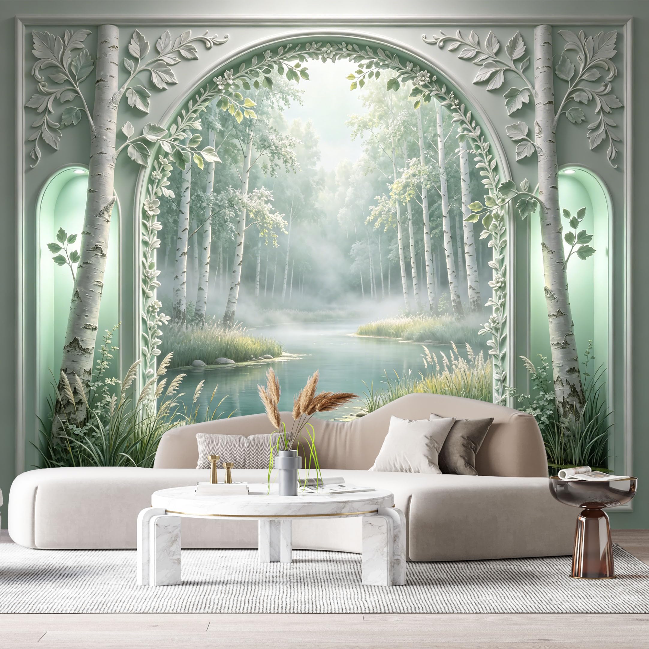 Custom Size Wall Murals Birch Tree Lake Scenery Neoclassical 3D Trompe L'Oeil SelfAdhesiveWall Fabric Removable Wallpaper Wall Decor for Living Room Bedroom Bathroom