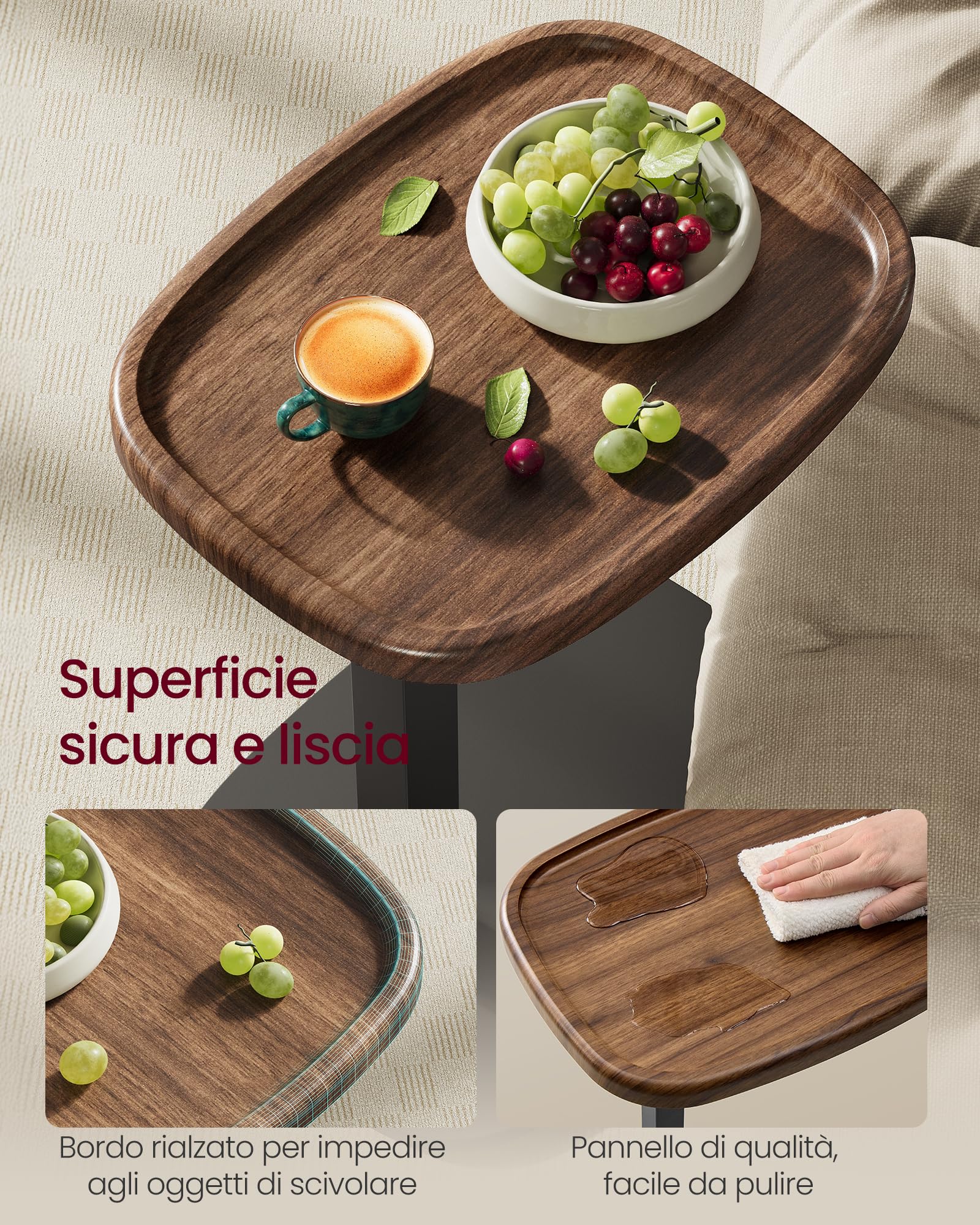 VASAGLE Tavolino a Forma di C, Tavolino da Divano, per Spazi Ridotti, Regolabile in Altezza, per Soggiorno Camera da Letto, 30 x 40 x 69 cm, Marrone Noce e Nero Inchiostro LET363M101