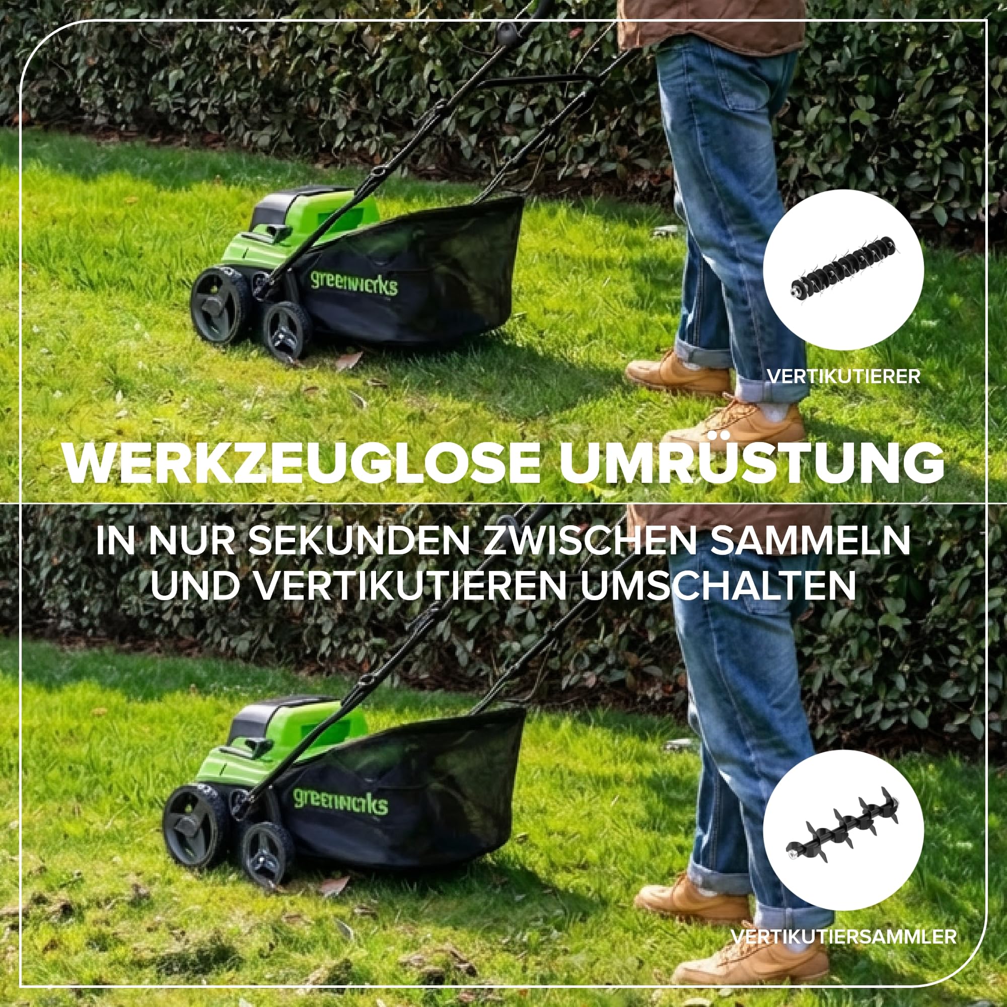 Greenworks Escarificador Aireador Césped 48V (24V x2) Brushless 2-en-1, Ancho 38 cm, 5 Niveles Altura, Bolsa 45L, Manillar Plegable, Herramienta Jardín Inalámbrica, Sin Batería GD2X24SC38II
