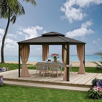 10x10Ft Hardtop Gazebo, Aluminum Frame Canopy with Double Galvanized Steel Roof, Outdoor Heavy Gazebo with Nettings and Curtains for Backyard, Patio and Deck Brown 10x10 Ft