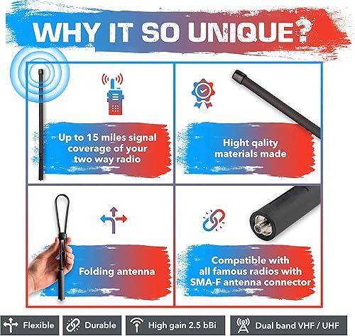 Miniatura 5 de Antena Ham Radio UV5R compatible con Baofeng UV-5R, UV-82, BF-F8HP. Antena táctica plegable 18.7 SMA conector hembra de doble banda VHFUHF para