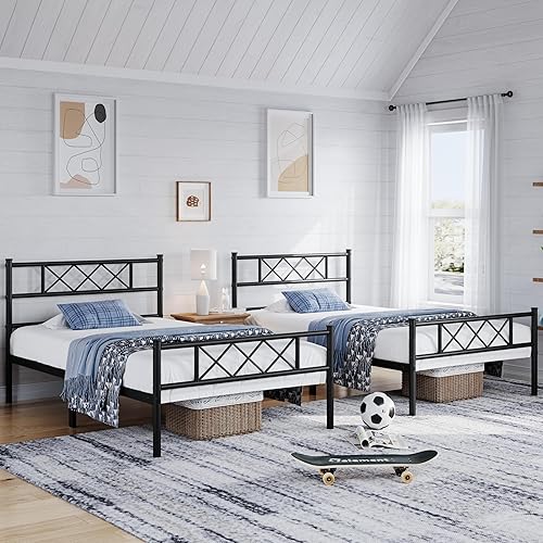 Miniatura 3 de Yaheetech Base de colchón de plataforma de metal doble negra con cabecero y estribo debajo de la cama, listones de acero, no necesita somier, 2