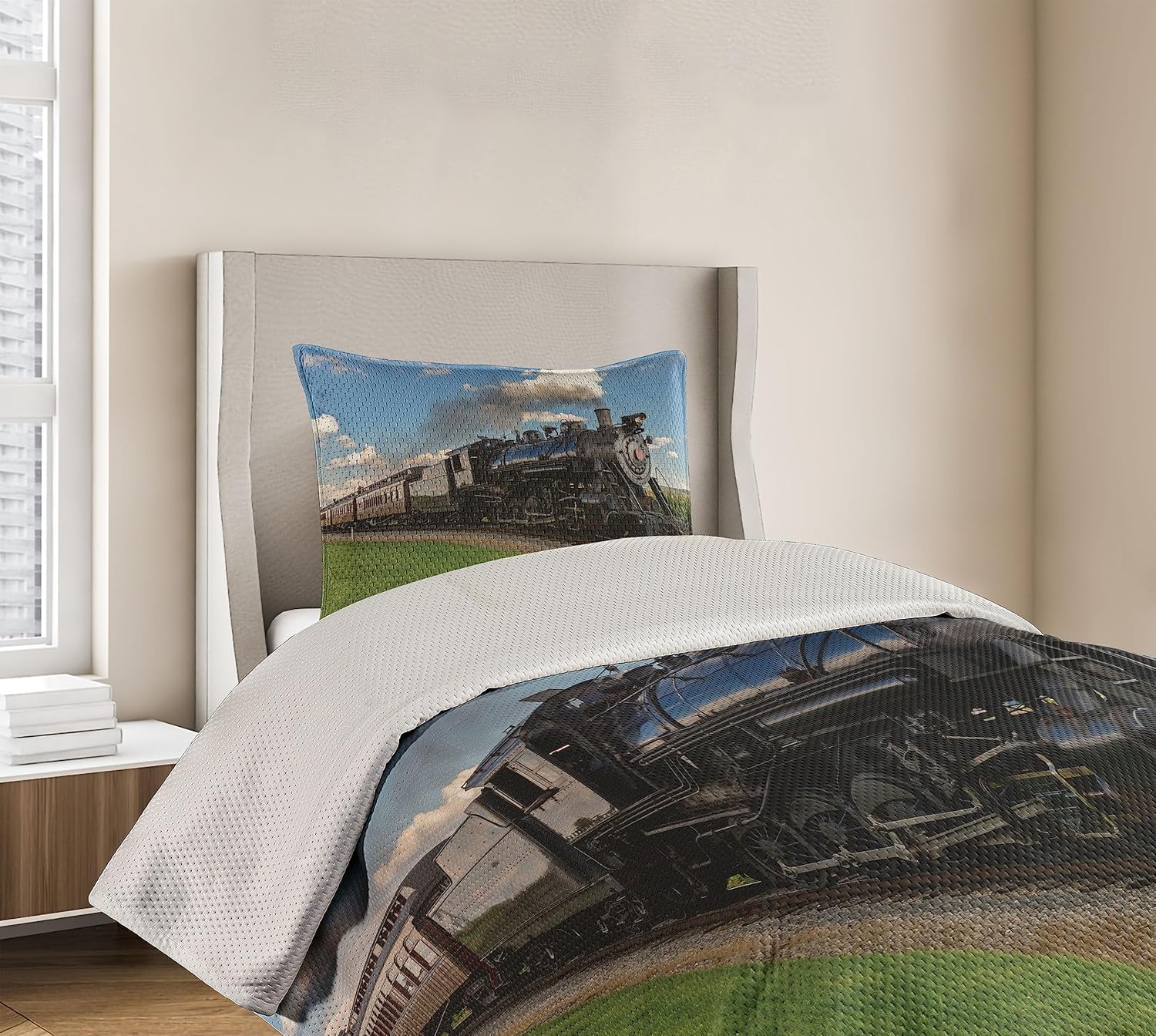 Ambesonne Steam Engine Coverlet, Vintage Locomotive in Countryside Scenery Green Grass Puff Train Picture, 2 Piece Decorative Quilted Bedspread Set with 1 Pillow Sham, Twin Size, Blue Green Twin Size Blue Green