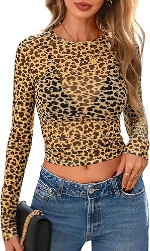 PRETTYGARDEN Women's Mesh Long Sleeve Top 2025 Trendy Fall See Through Sheer Blouse Leopard Fitted Going Out Layering Shirts