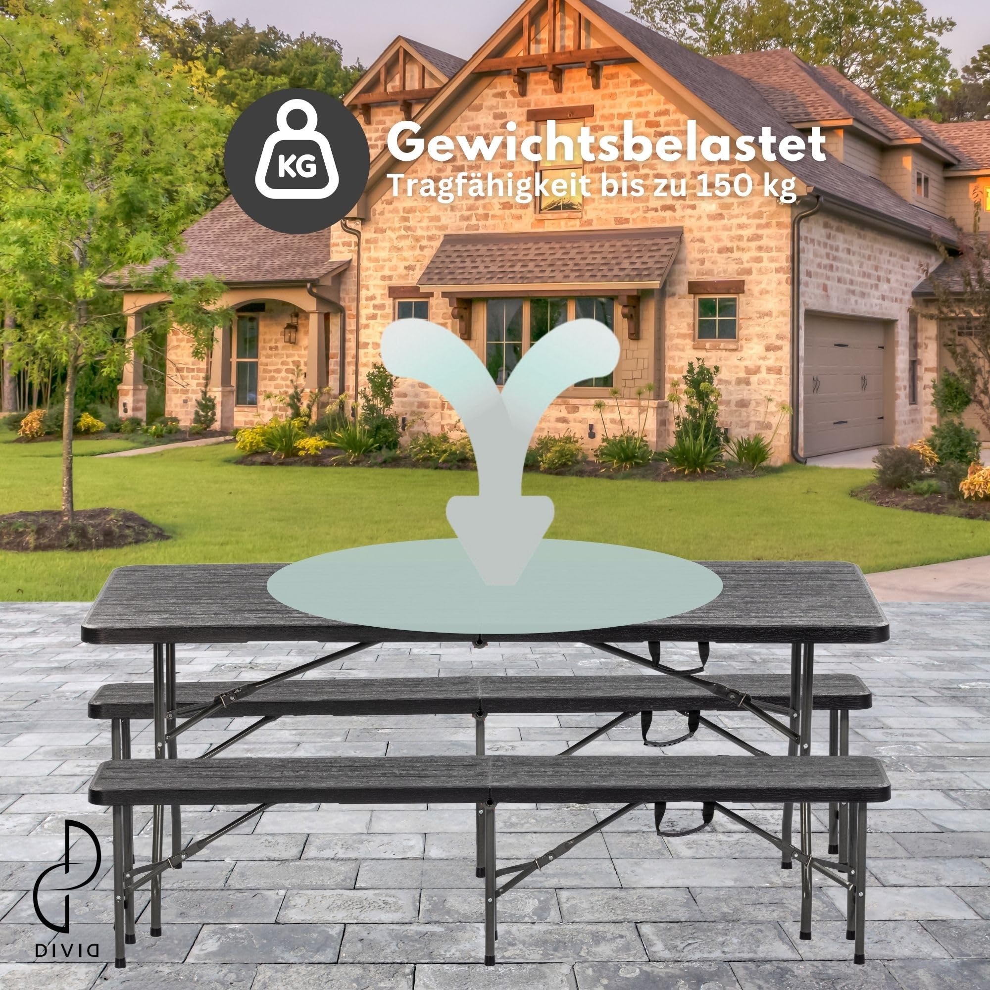 DIVID® Bierzeltgarnitur 3-teilges Set|Tisch + 2 Bänke|Für drinnen und draußen|klappbar mit Tragegriffe|HxBxT: 73x180x75cm|Gartentisch (DIV-200/WOOD Set)