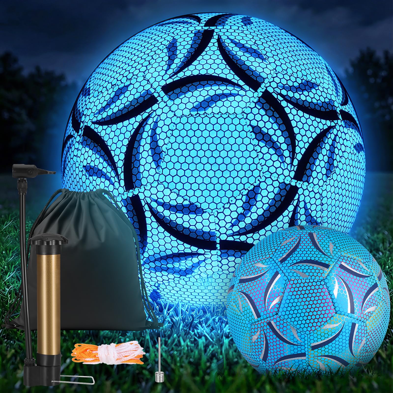 Leuchtender Fußball, Fußball Leuchten im Dunkeln Größe 5, Reflektierender Fussball mit Pumpe für Nachtspiele Training, Sport Leuchtfußball für Erwachsene (Blau)