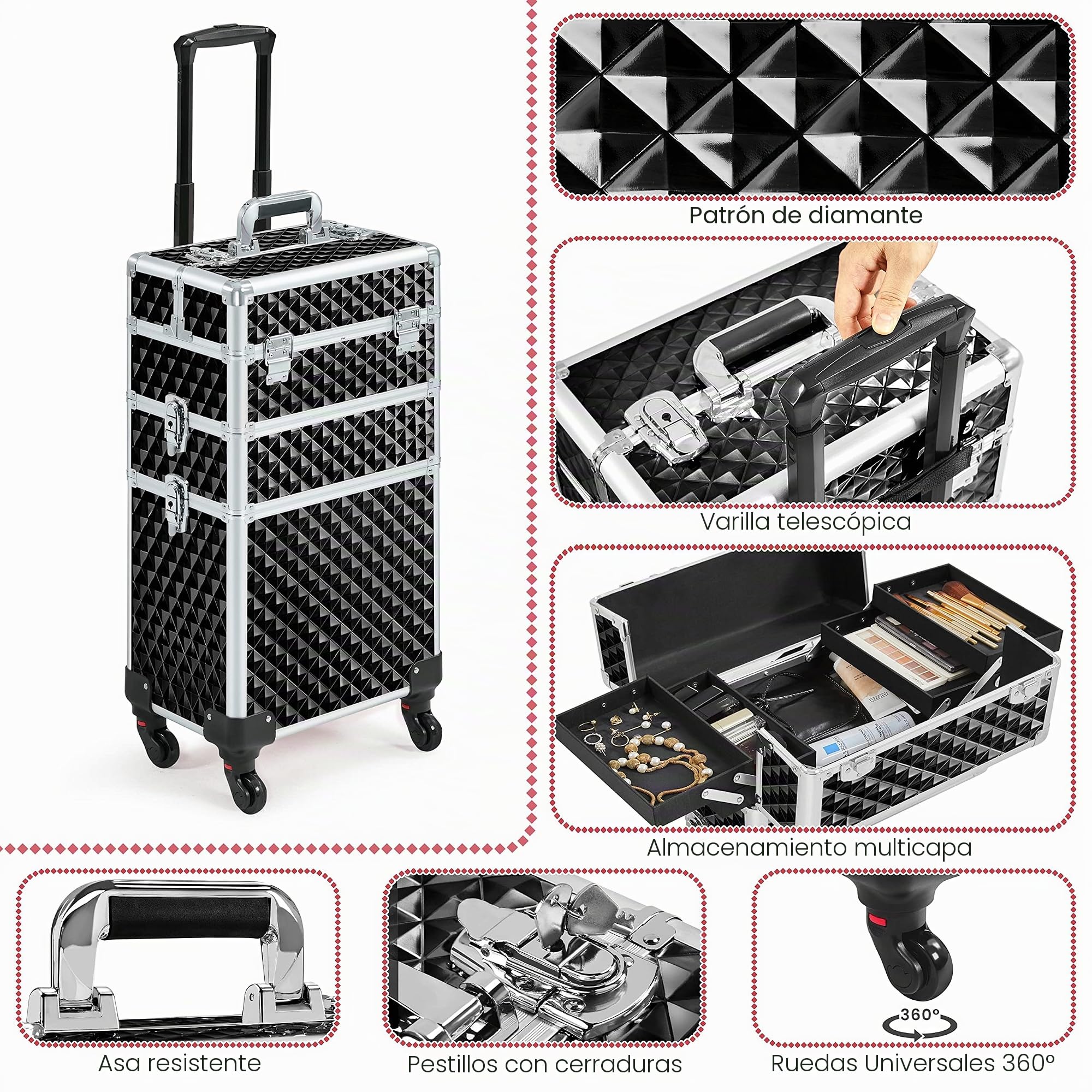 Yaheetech 3 en 1 Maleta de Maquillaje Meleta Portatil Organizador Estuche Cosméticos Superficie Bandeja para Viaje Trabajo Maleta con Ruedas Negro