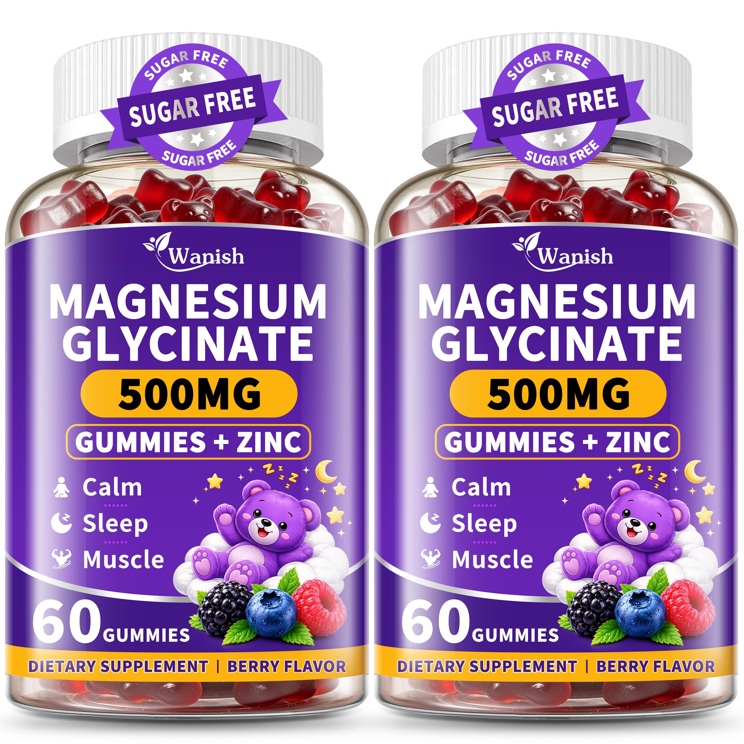 （2 Packs） Magnesium Glycinate 500mg with Zinc Gummies, High Absorption Magnesium Bisglycinate Supplement for Women, Men and Kids, Muscle and Relaxation Support, Sugar Free, Vegan,Berry Flavor