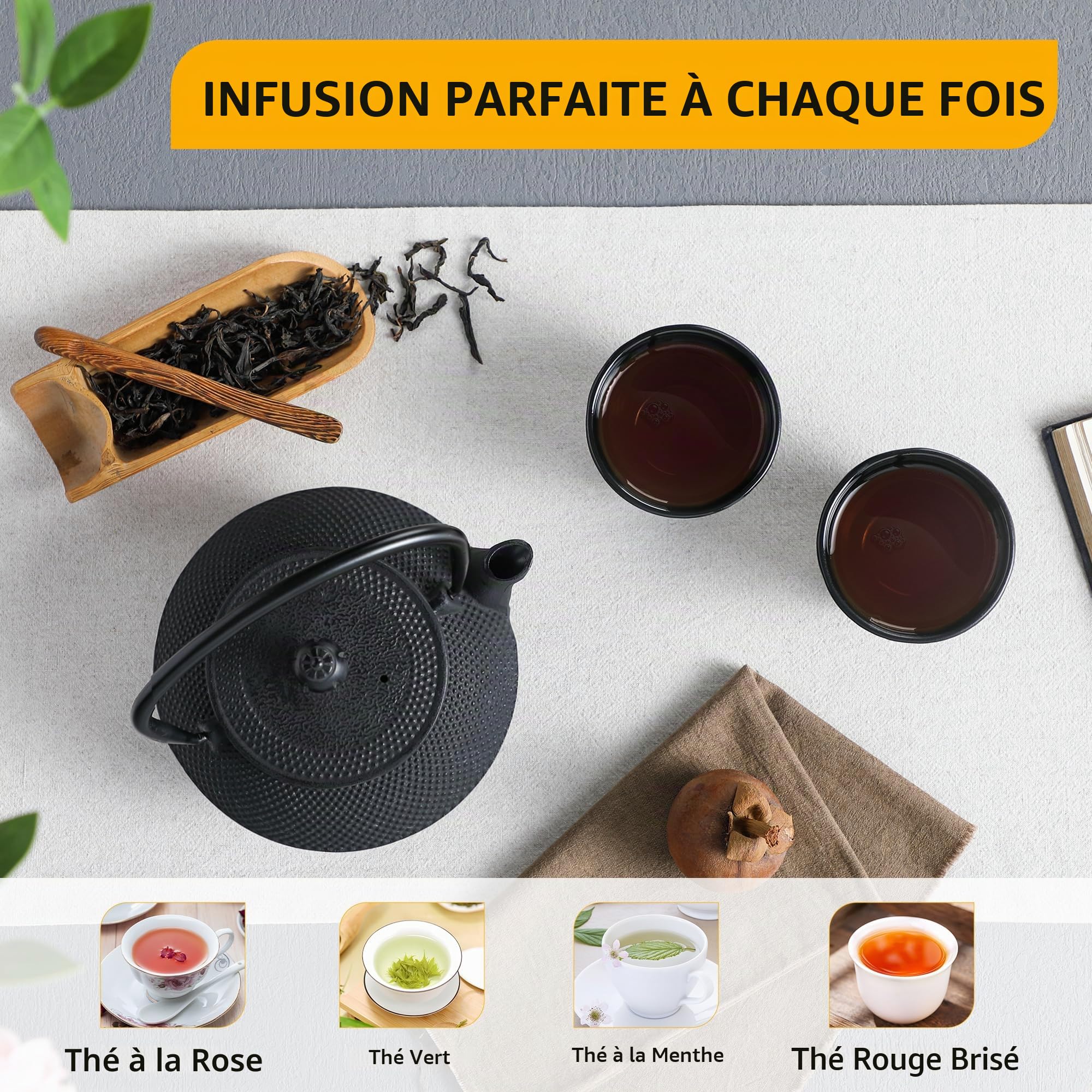 Velaze Théières et 2 Tasses de Thé avec Infuseur, Théière Induction Emaillé Noir de 700ML, Set Teapot en Fer Traditionnel avec Panier en Inoxydable, Plateau en Fonte