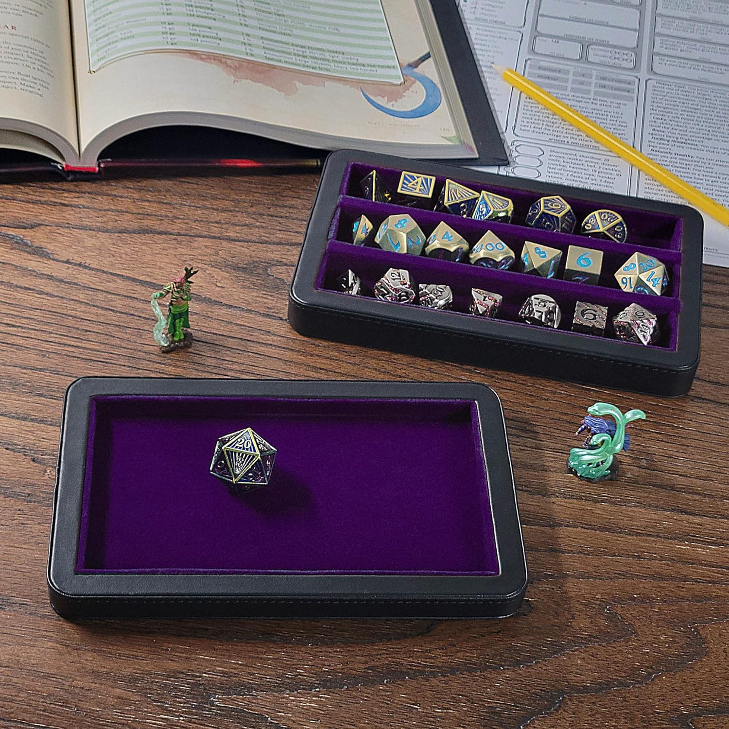 Forged Dice Co. Premium 3-Row Dice Case - Combination Dice Box and Dice Tray - Protects Polyhedral Dice Sets - Felt-Lined Storage Rows - Magnetic Lid Closure - Perfect Metal Dice Storage Box - Purple