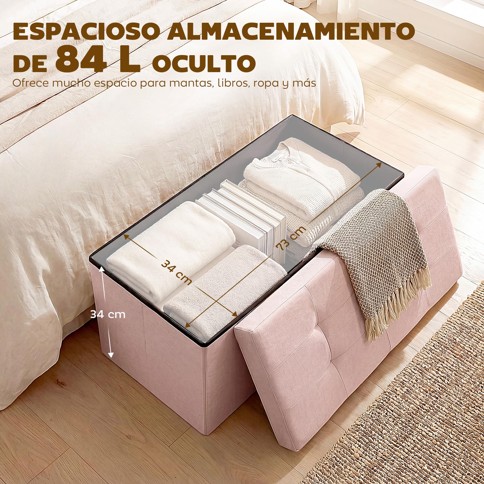 HOMCOM Puff Almacenaje, Banco Almacenaje Plegable, 84 L, 76x38x38 cm, Tapizado en Lino Sintético, Baúl de Almacenamiento, Carga 120 kg, Taburete para Sala de Estar, Dormitorio, Entrada, Rosa