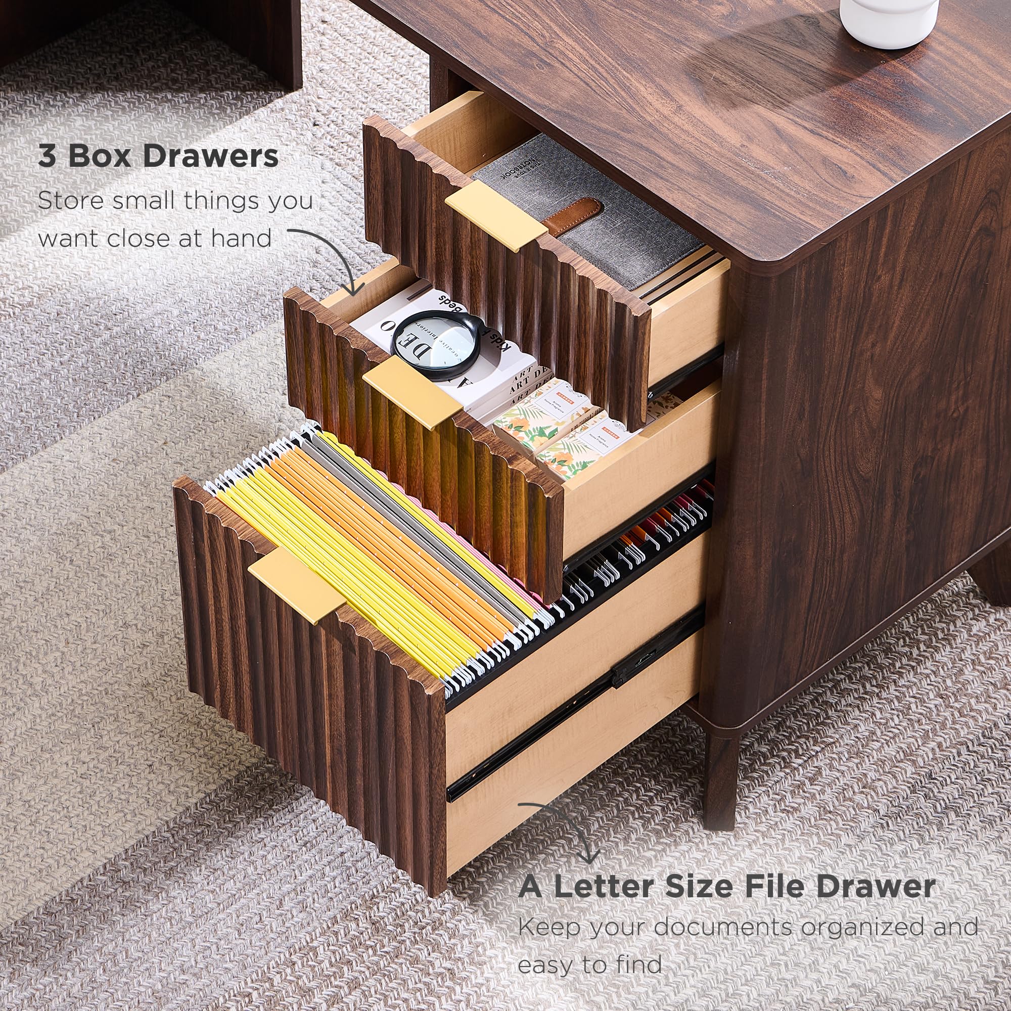 T4TREAM 60'' Fluted Executive L Shaped Desk, Modern Home Office Desk with Charging Station and File Drawer, Computer Corner Desks with Drawers & Storage Cabinet for Office Home, Bedroom, Natural Oak: Dark Walnut