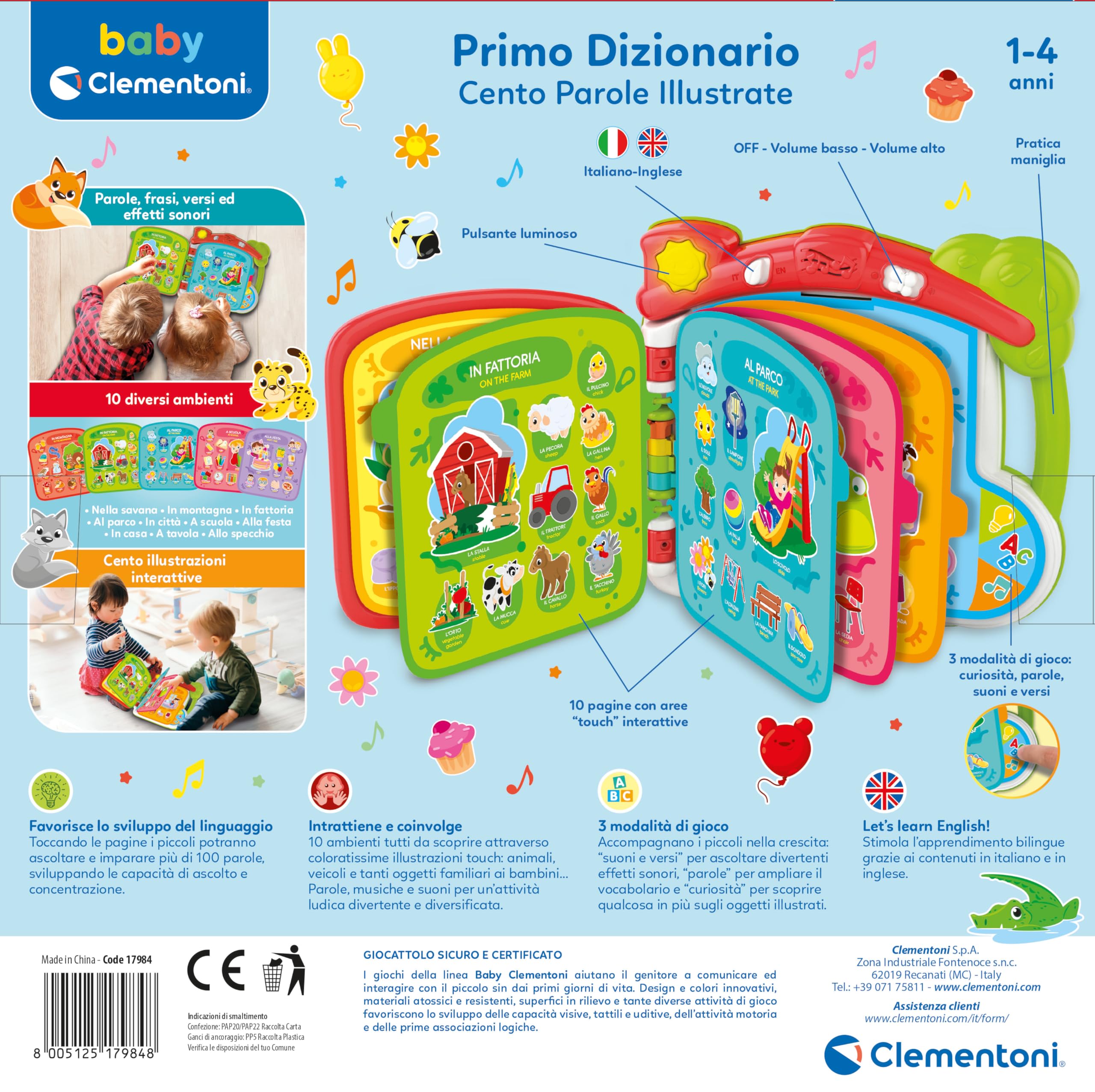 Clementoni Baby Discover the world in 100 worlds - interactive book 1 year electronic speaking, edukacyjna dwujęzyczna książka dla dzieci, dwujęzyczny dźwięk dotykowy, nauka włoskiego i angielskiego,