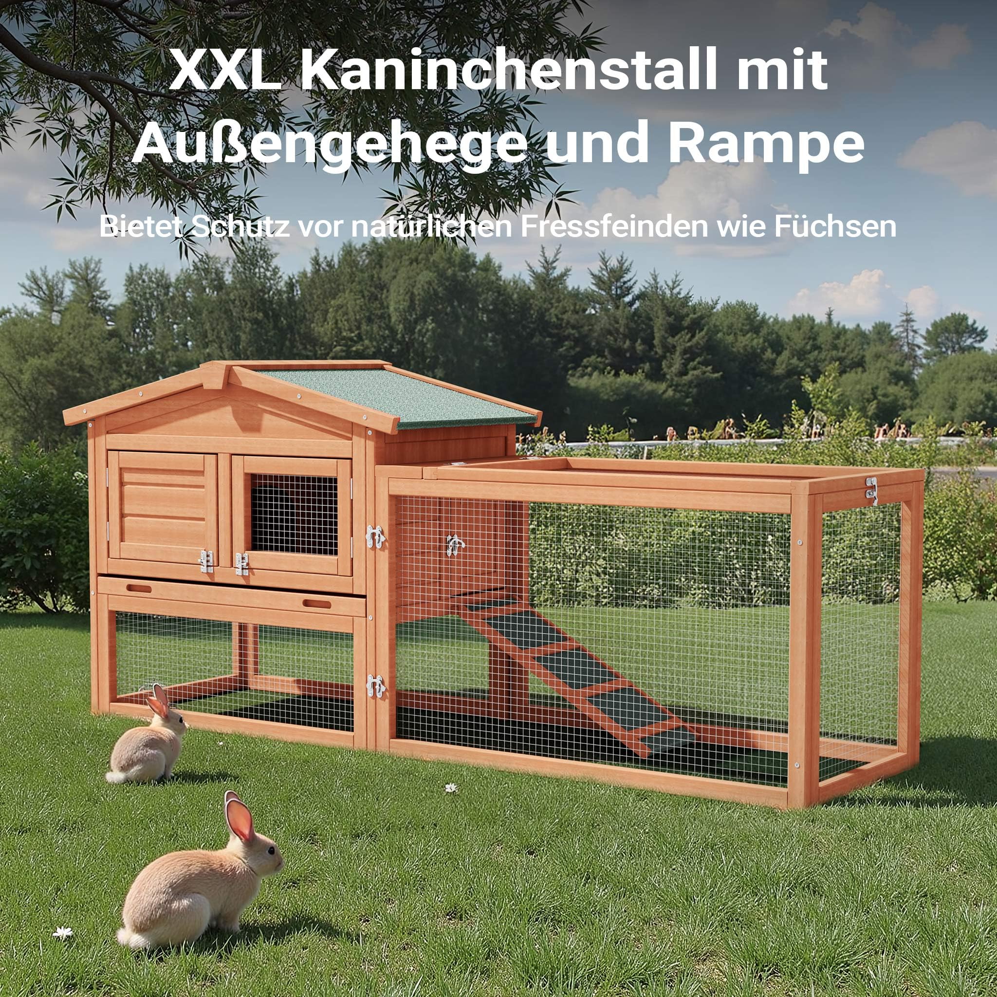 Wiltec XXL Hasenstall 1560 x 520 x 680 mm mit Freilaufgehege und erhöhtem Unterschlupf aus Fichtenholz, Kaninchenkäfig mit 2 Etagen, Kleintierstall