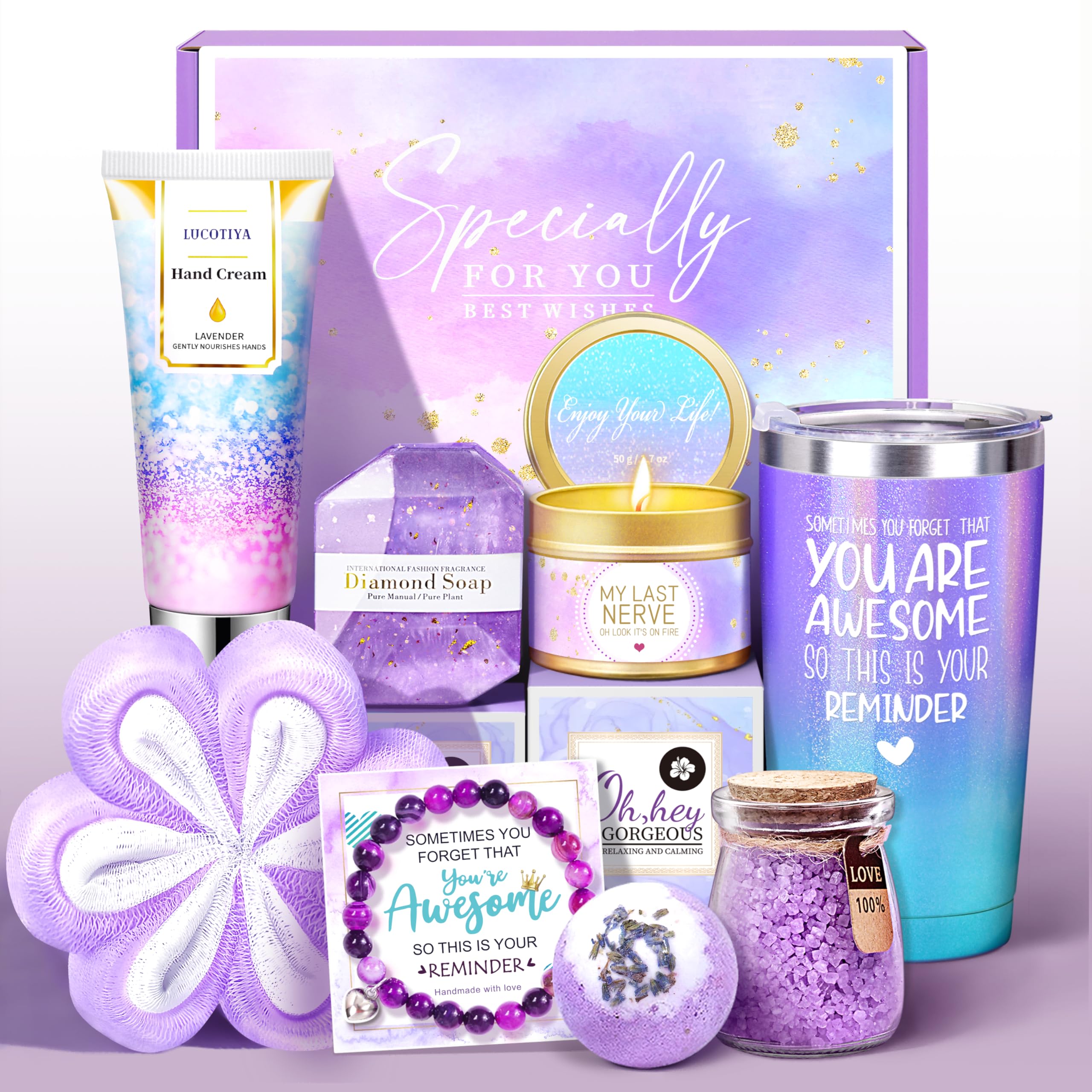 Gifts for Women, Birthday Gifts for Women, Sister, Wife, Teacher, 9pcs Lavender Care Package Gifts Set, Get Well Soon Gifts for Woman, Thinking of You Gift ,Christmas Gift Sets for Her
