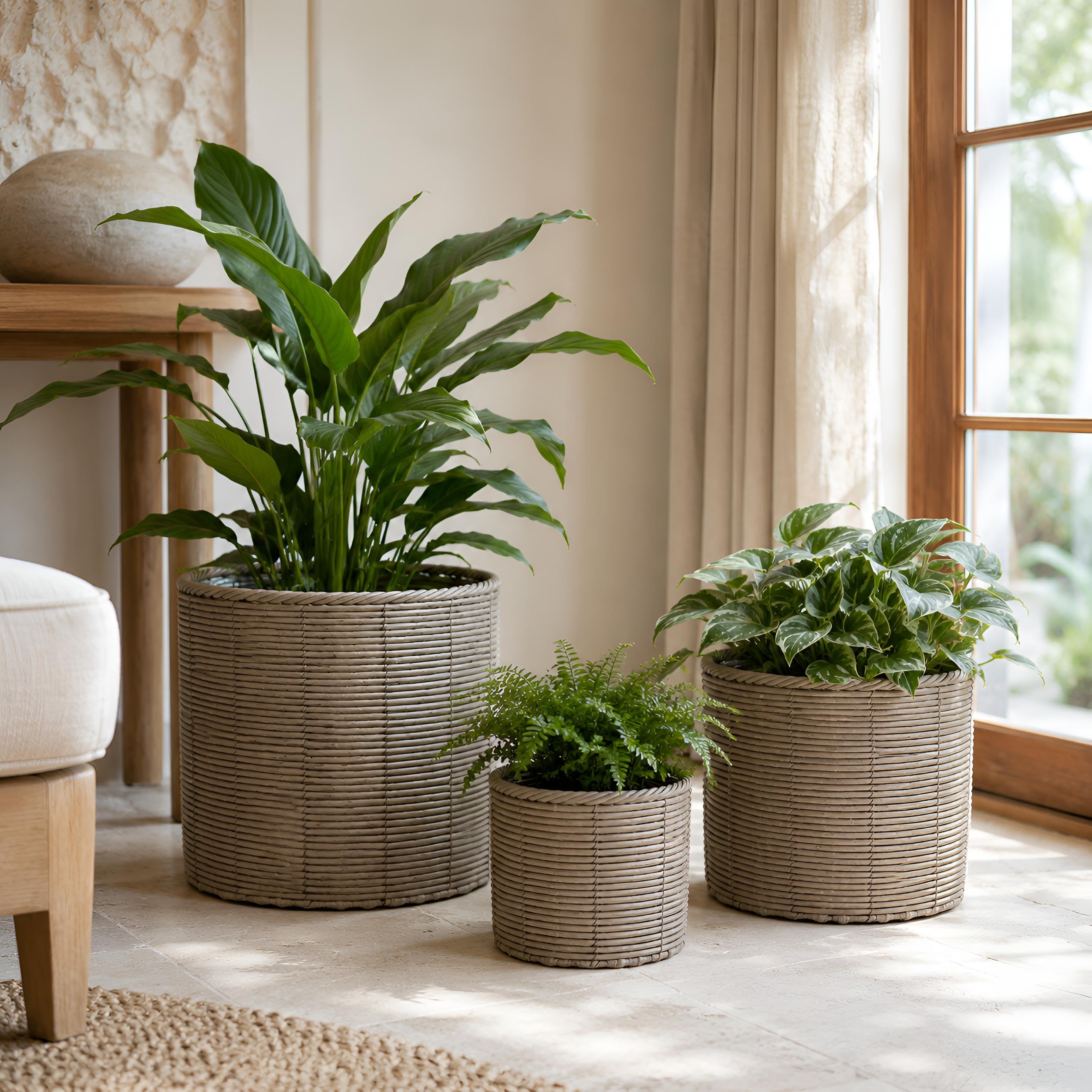 colourliving Gala Pflanzkübel 3er Set Polyrattan, Übertöpfe naturgrau mit Folieneinsatz und Metallrahmen für Wohnzimmer Wintergarten und überdachten Außenbereich (Cylinder - Zylinderform)