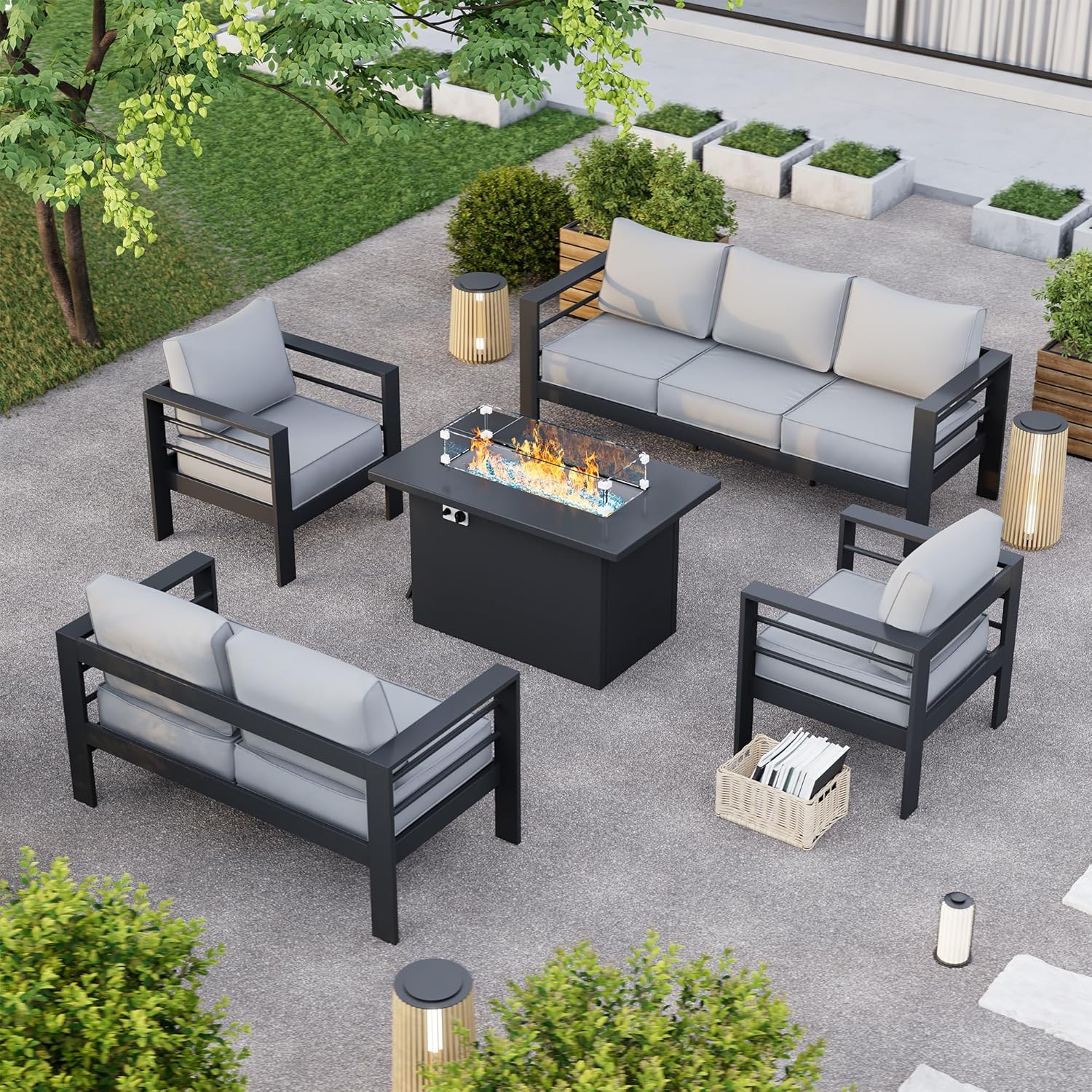 Aluminum Patio Set, 3-Seat Outdoor Furniture Set with 5 Inch Cushions, Patio Furniture Sets with Waterproof Covers for Backyard Garden(Grey)