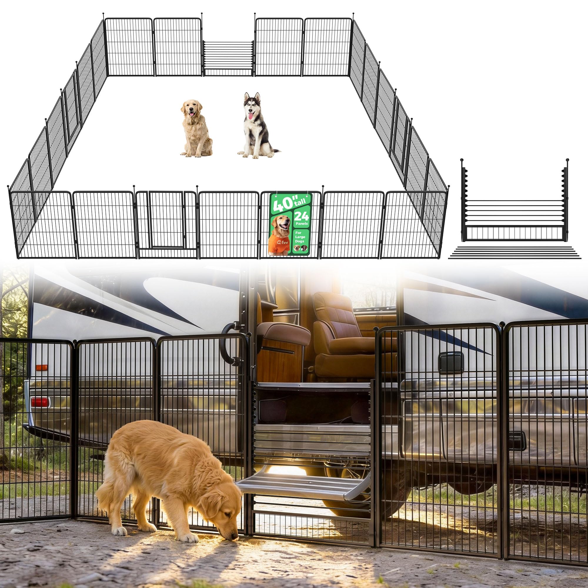 FXW Instant Dog Playpen with RV Step Grid for RV Camping, 40" H, 24 Panels