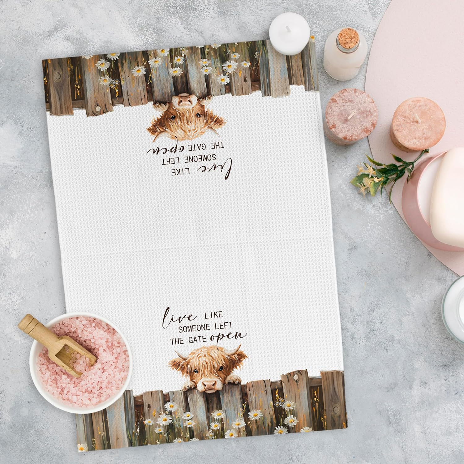 Highland Western Cow Gifts Kitchen Towels, Live Like Someone Left The Gate Open Farmhouse Cows Hand Towels for Bathroom Decor, Highland Cow Gifts for Cows Lovers Dish Tea Towels for Kitchen - Image 2