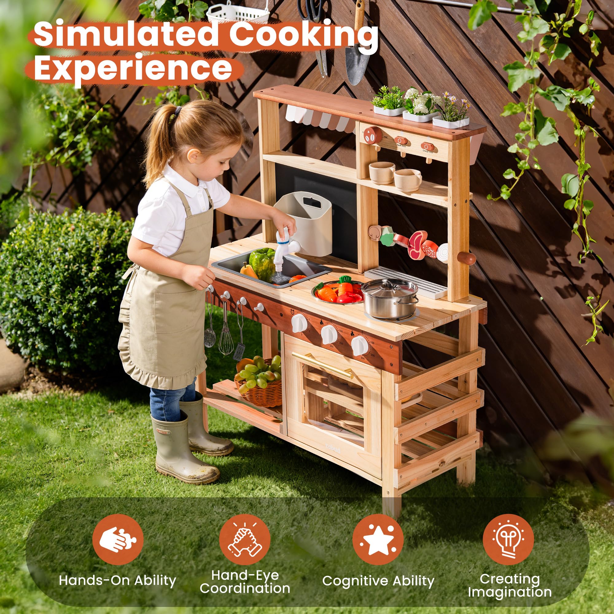 ROBUD Cucina da gioco in legno per bambini, cucina da esterno con lavello, macchina per il caffè, griglia per barbecue, forno e lavagna, gioco di finzione con accessori per bambini bambine 3+