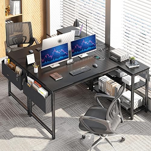 Miniatura 7 de EnHomee Escritorio de oficina en forma de L de 48 pulgadas con tomas de corriente, escritorio para computadora con estantes de almacenamiento