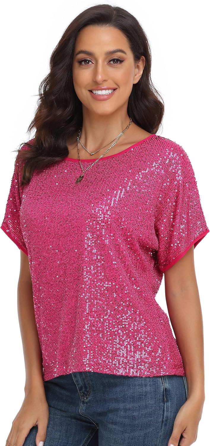 PrettyGuide Women's Sparkly Sequin Tops Short Sleeve Glitter Loose Party Shirt Blouse Boat Neck Dressy Top - Image 4