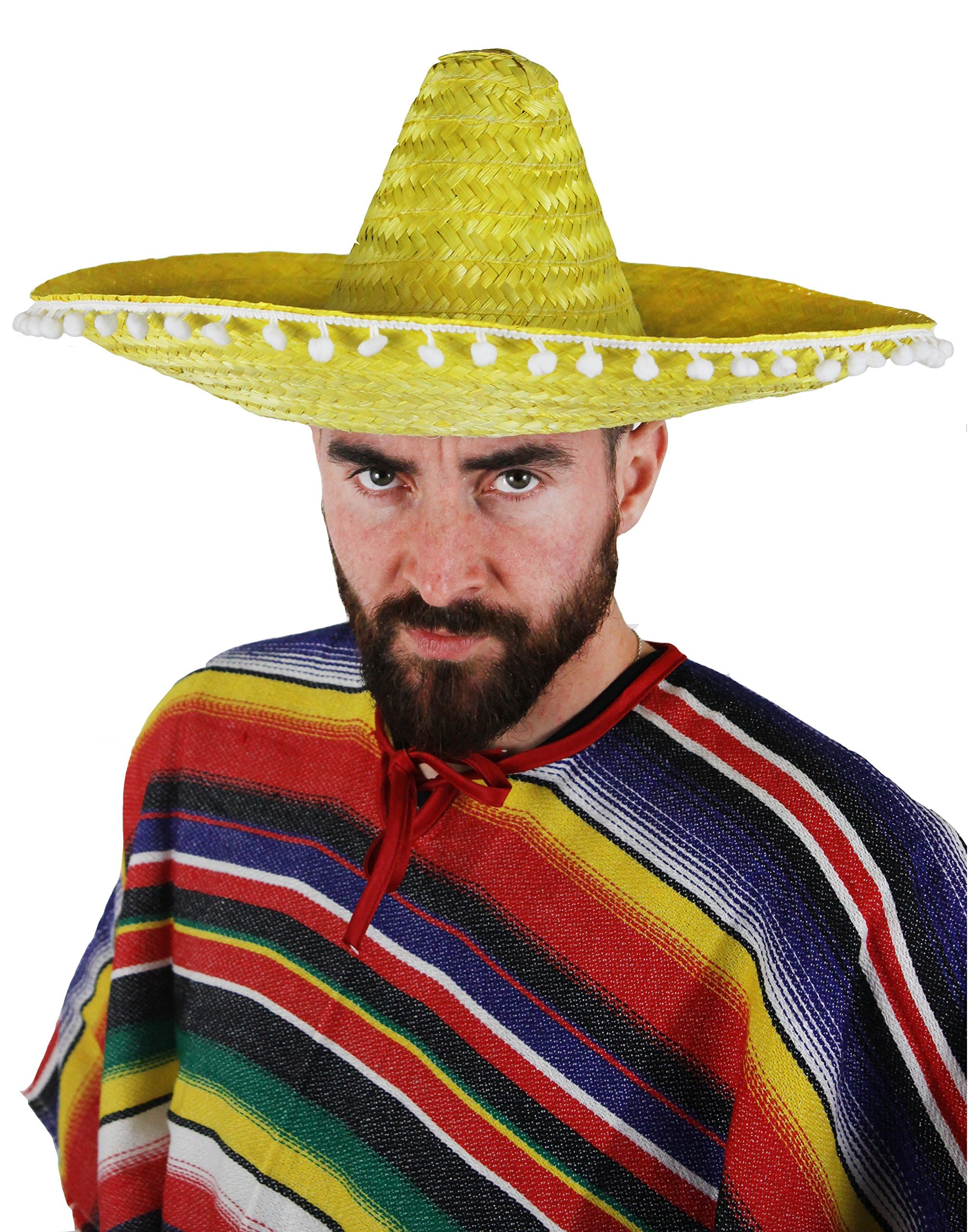 SOMBREROS MEXICANOS EN AMARILLO con borde de pompón blanco perfecto para cualquier fiesta de disfraces mexicano para hombres y mujeres – 12 X SOMBRERO