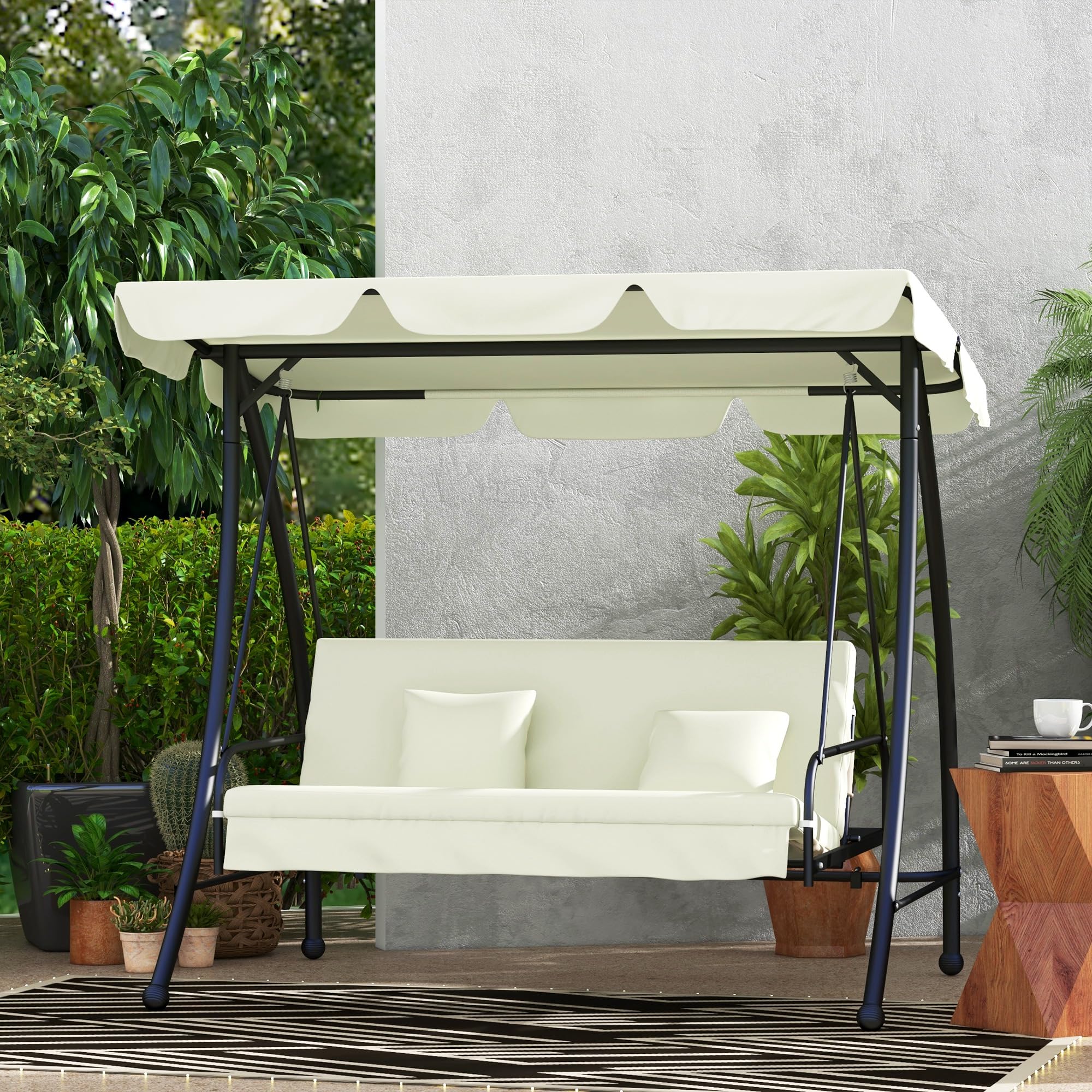 Outsunny Rattan Hollywood Swing 2 Seater Garden Swing Swing Adjustable Sun Canopy Steel Frame Black 140 x 110 x 151 cm