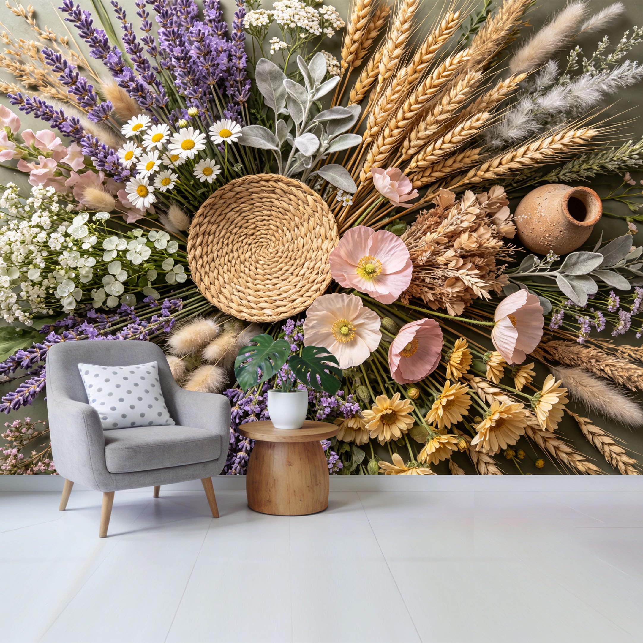 Custom Size Wall Mural Botanical Floral Arrangement with Lavender Wheat and Daisies Removable Self Adhesive Fabric Home Wall Decor for Living Room Bedroom Bathroom