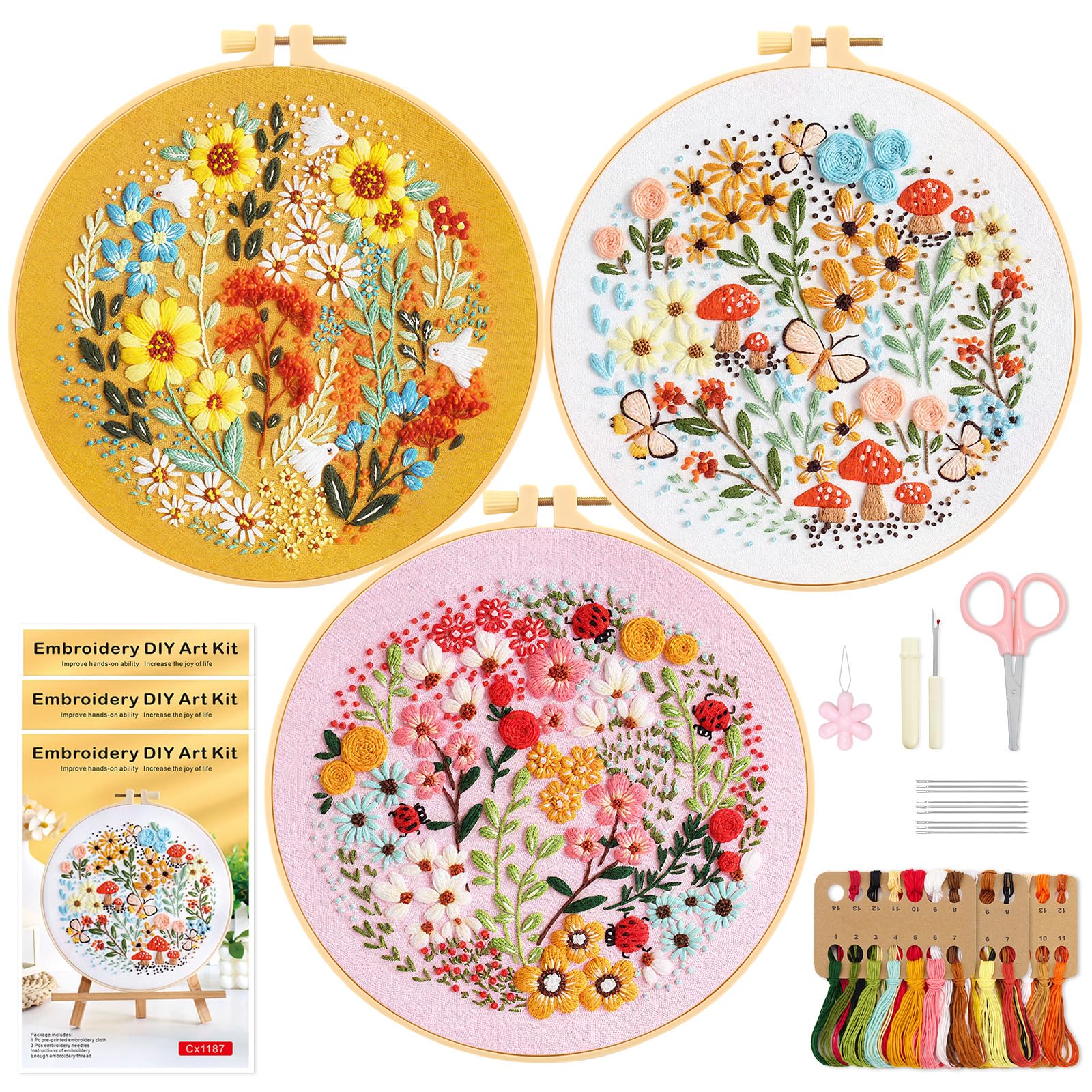 WIVLAX 3PCS Embroidery Kit for Beginners Adults Flower Mushroom Stitch Set — image 1