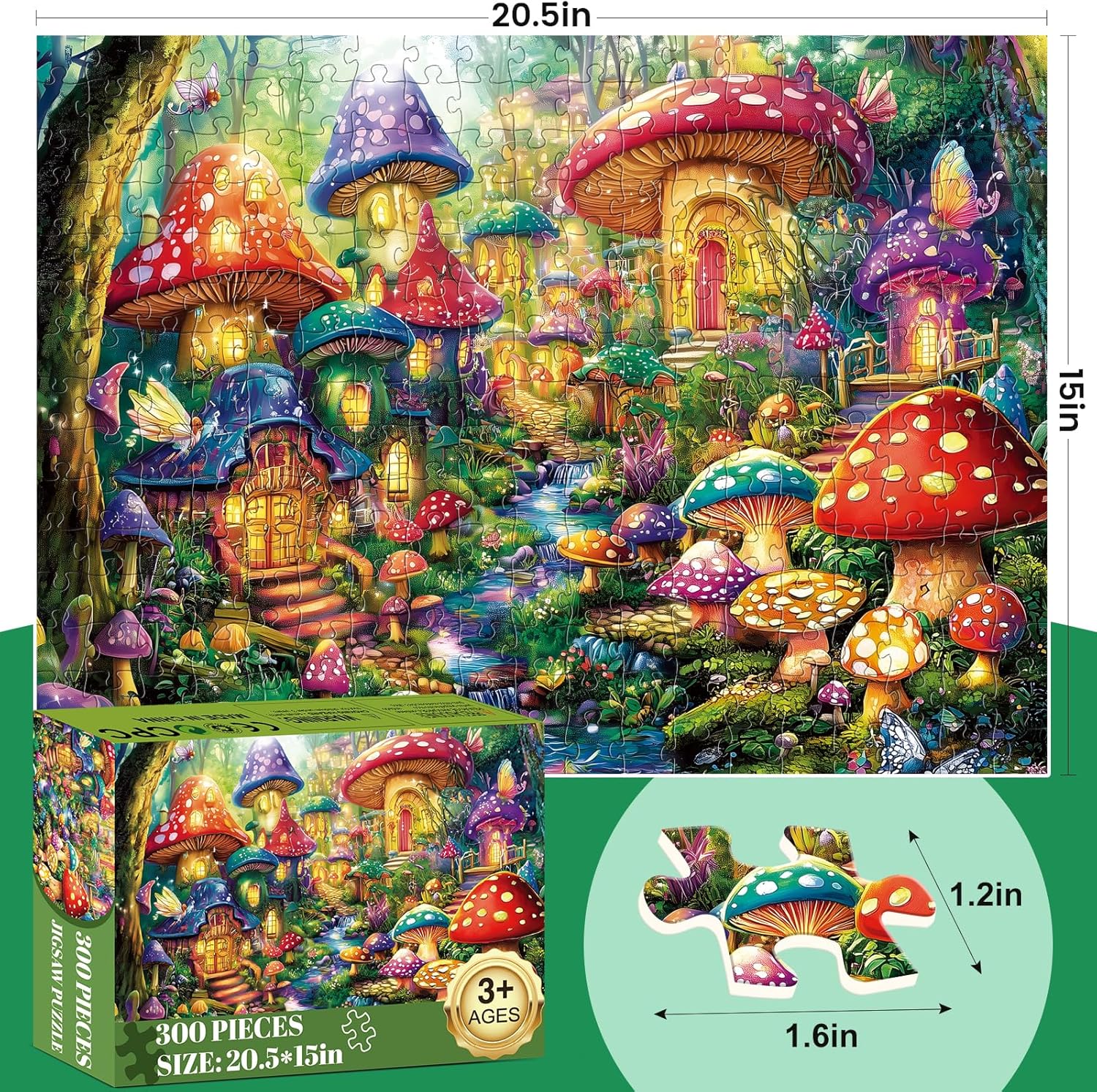 300 Piece Puzzles for Adults, Mystical Mushroom Fantasy Village Jigsaw Puzzle for Children Elderly, Large Piece Fun Fairy Puzzle for Kids Ages 8-10 10-12,Cool Puzzles,Family Game Great Gift 20.5*15in