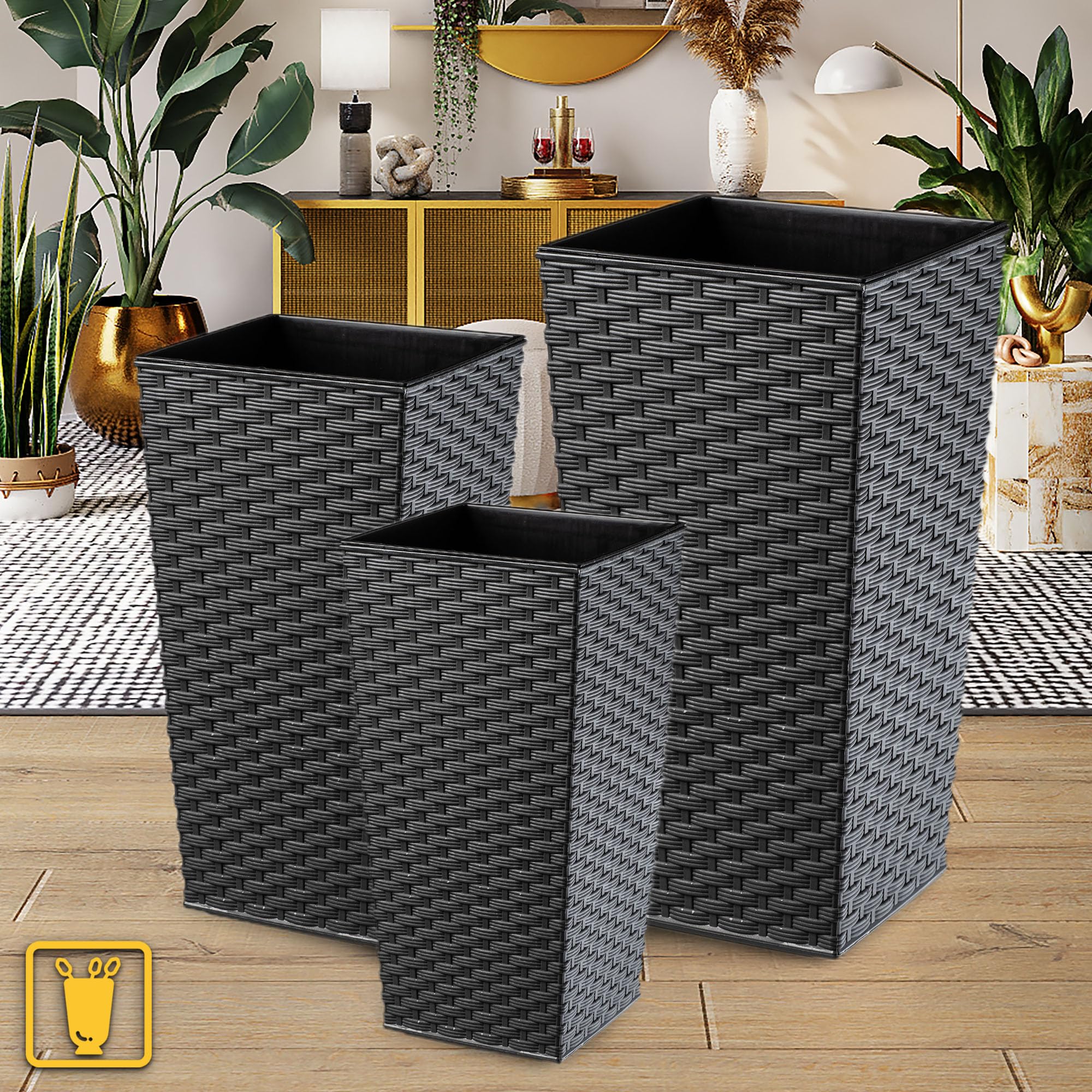 KADAX Lot de 3 Set de 3 Pots de Fleurs Hauts – H 57/68/75 cm – Rotin Graphite – intérieur/extérieur – pour Balcon, Jardin ou Salon