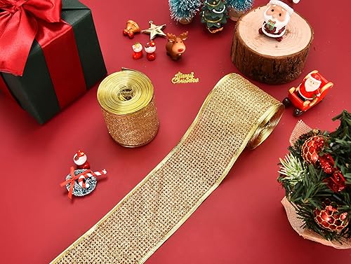 Miniatura 6 de Cinta metálica de Navidad con purpurina para envolver regalos, corona de árbol de Navidad, manualidades, malla dorada con borde con alambre,