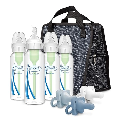 Dr. Brown's Anti-Colic Options+ Biberones (paquete de 4), bolsa para biberones (negro) y paquete Happy Paci (azul claro, paquete de 3)