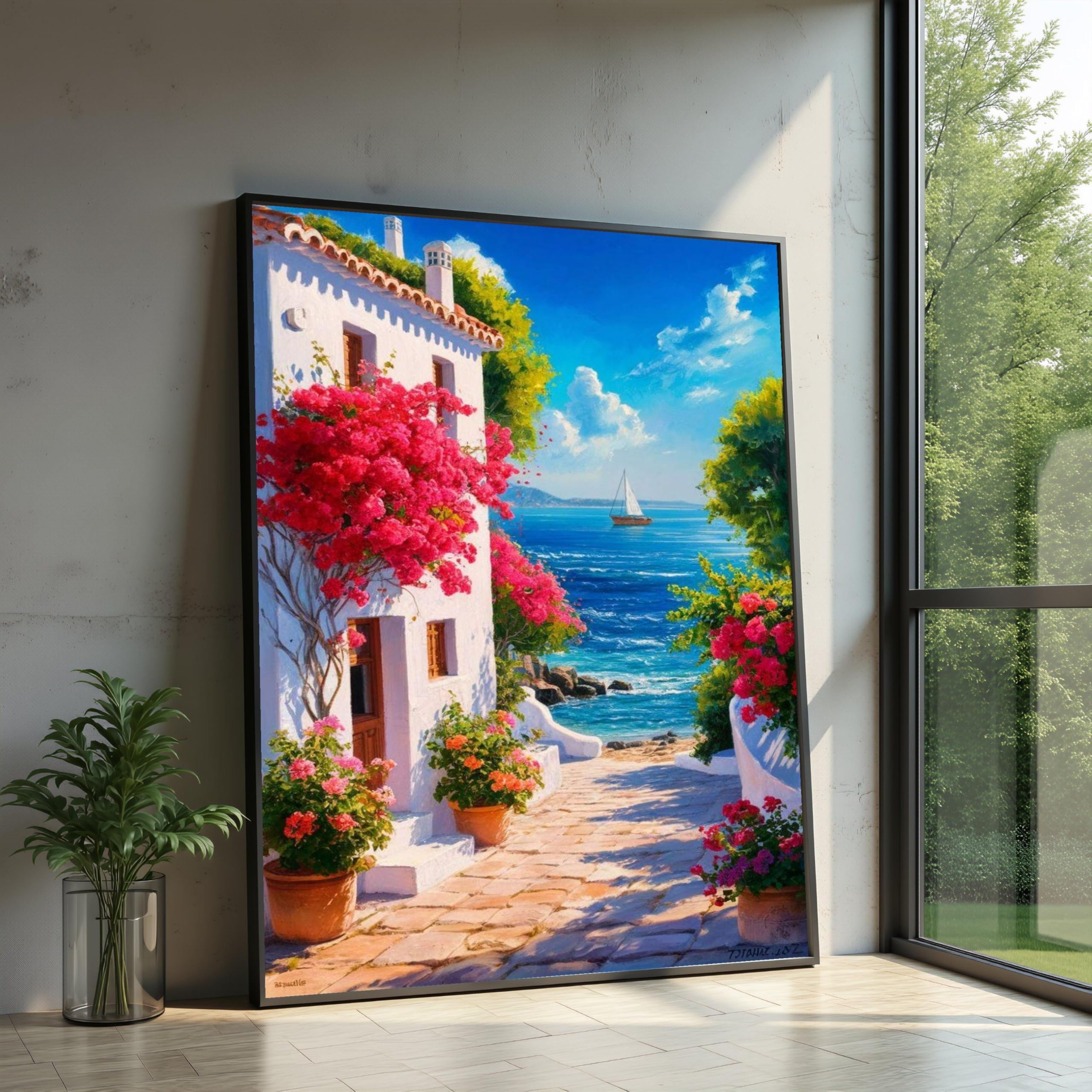 XINBAO Coastal Pathway Canvas,White Cottage with Bougainvillea Wall Art, Seaside Landscape Nautical Home Decor, Garden Painting(80x110cm/Inner frame)
