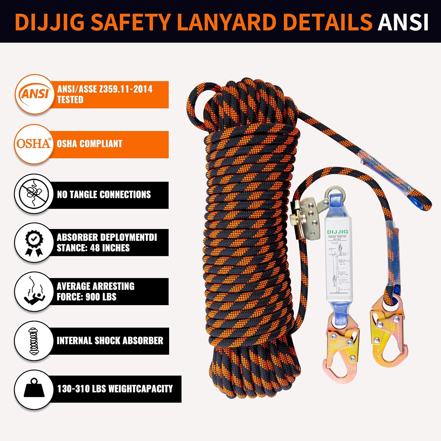Rope Harness Safety Lanyard 50ft Vertical Roofing Rope With Grab Snap Hooks Shock Absorber Fall Protection Tree Climbing Line Kit Heavy Duty Roof Safety Equipment ANSI CE