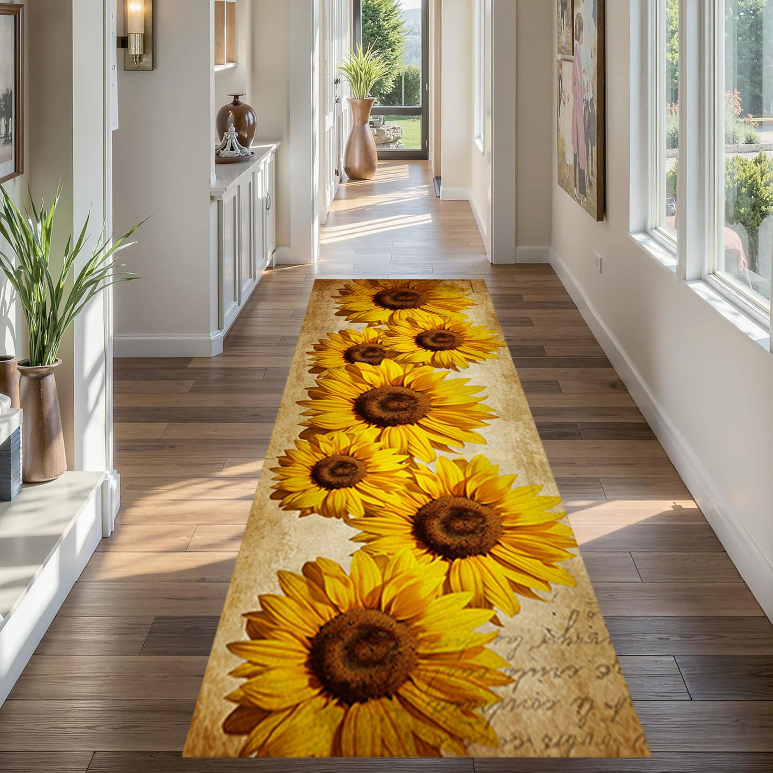 SCUAOMX Yellow Sunflower Runner Rug, 2.6x7ft, Vintage Distressed Brown Sunflowers Daisy Spring Home Decor Hallway Rug, Country Rustic Floral Washable