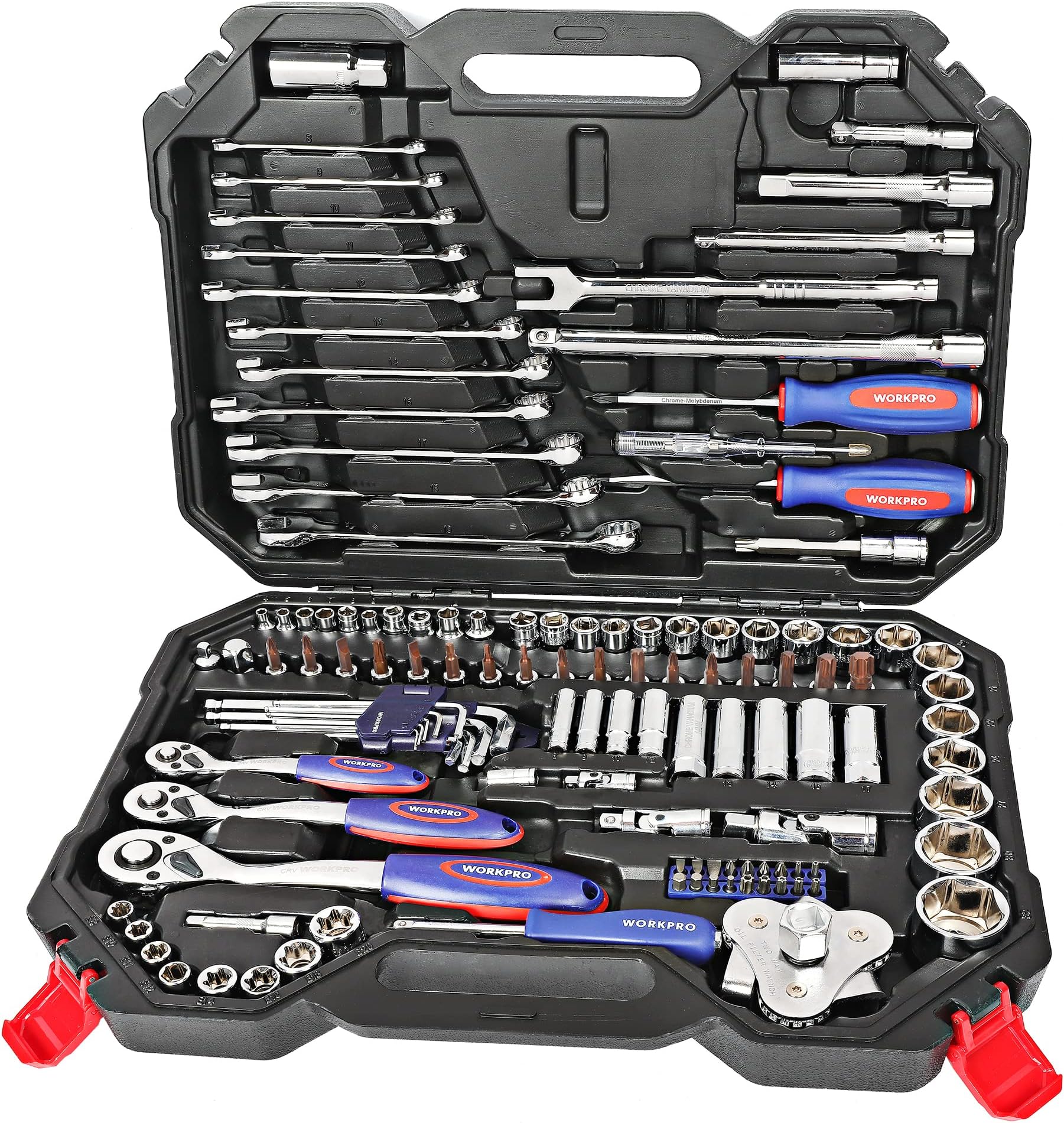 WORKPRO 123-Piece Drive Socket Set, 1/2", 1/4", 3/8" CR-V Mechanic Tool Set with Quick-Release Ratchet Wrench, Spanners, Bit Set, Hex Keys for Car and Home Repair