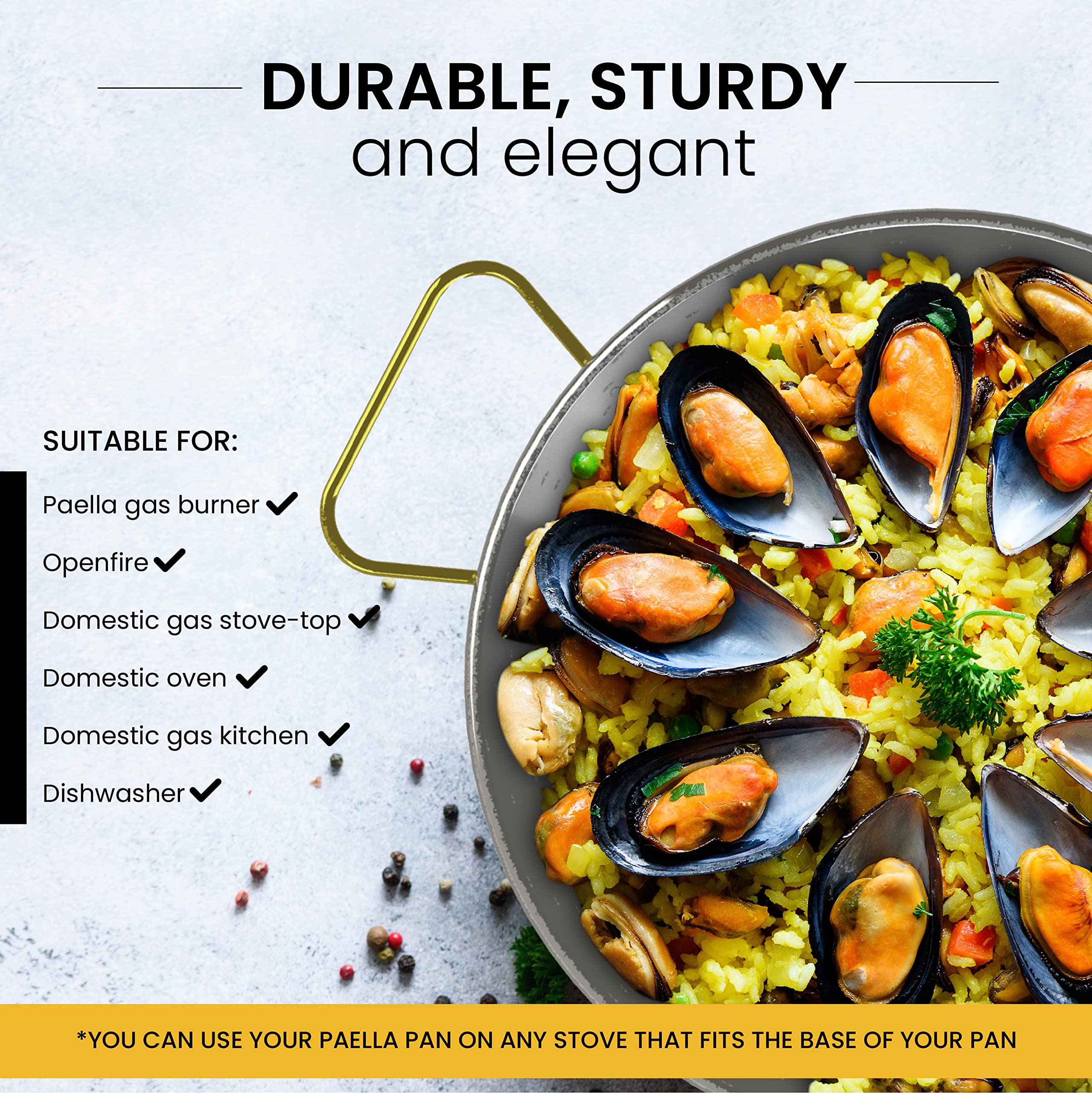 Machika Paella-Pfanne Aus Edelstahl – 33 Cm, Für 5 Portionen, Goldene Griffe | Ideal Für Paella, Reis & Mehr