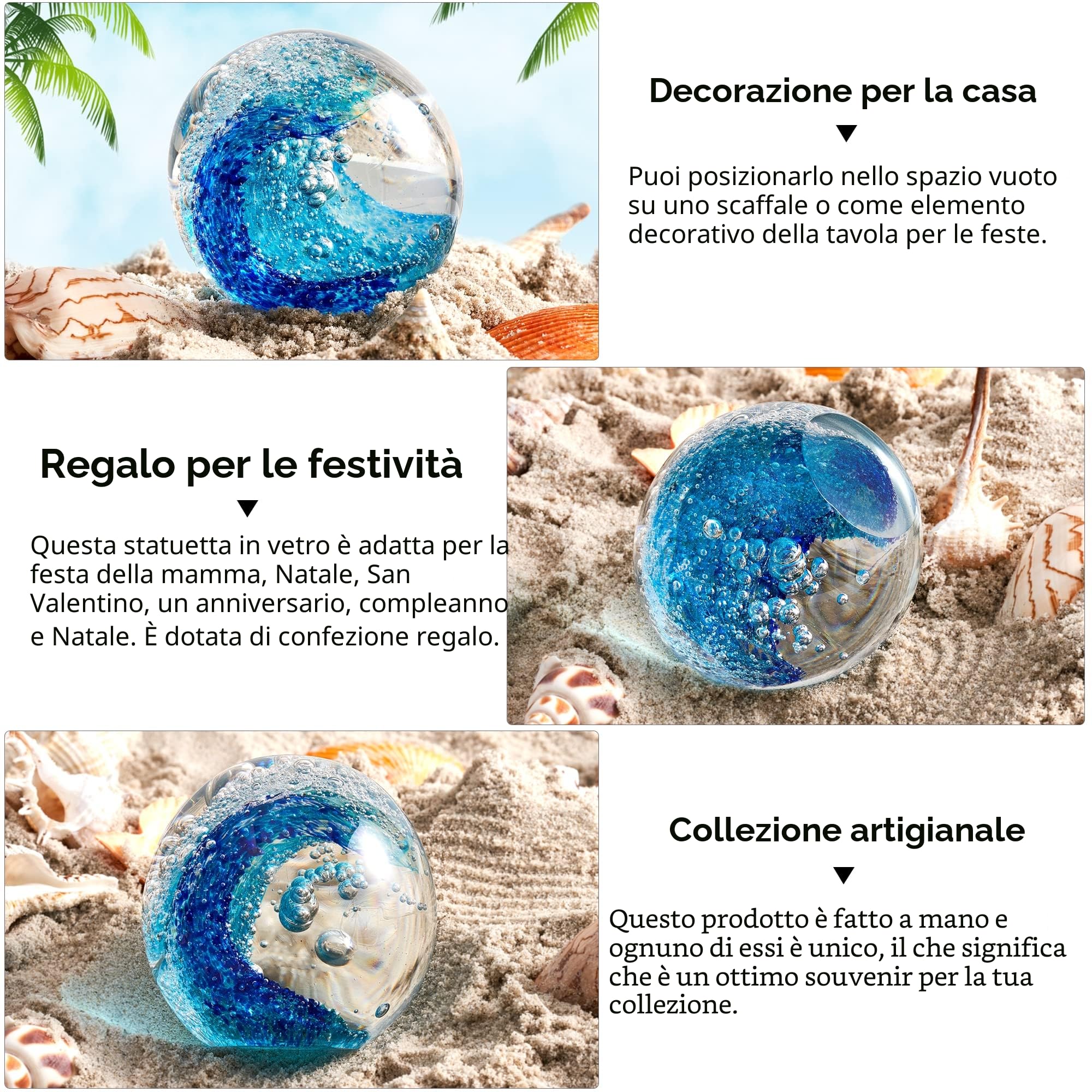 EUSTUMA Statuette in vetro soffiato a mano con onde oceaniche, fermacarte in vetro per scrivania, decorazione per la casa da collezione, per acquario e ufficio