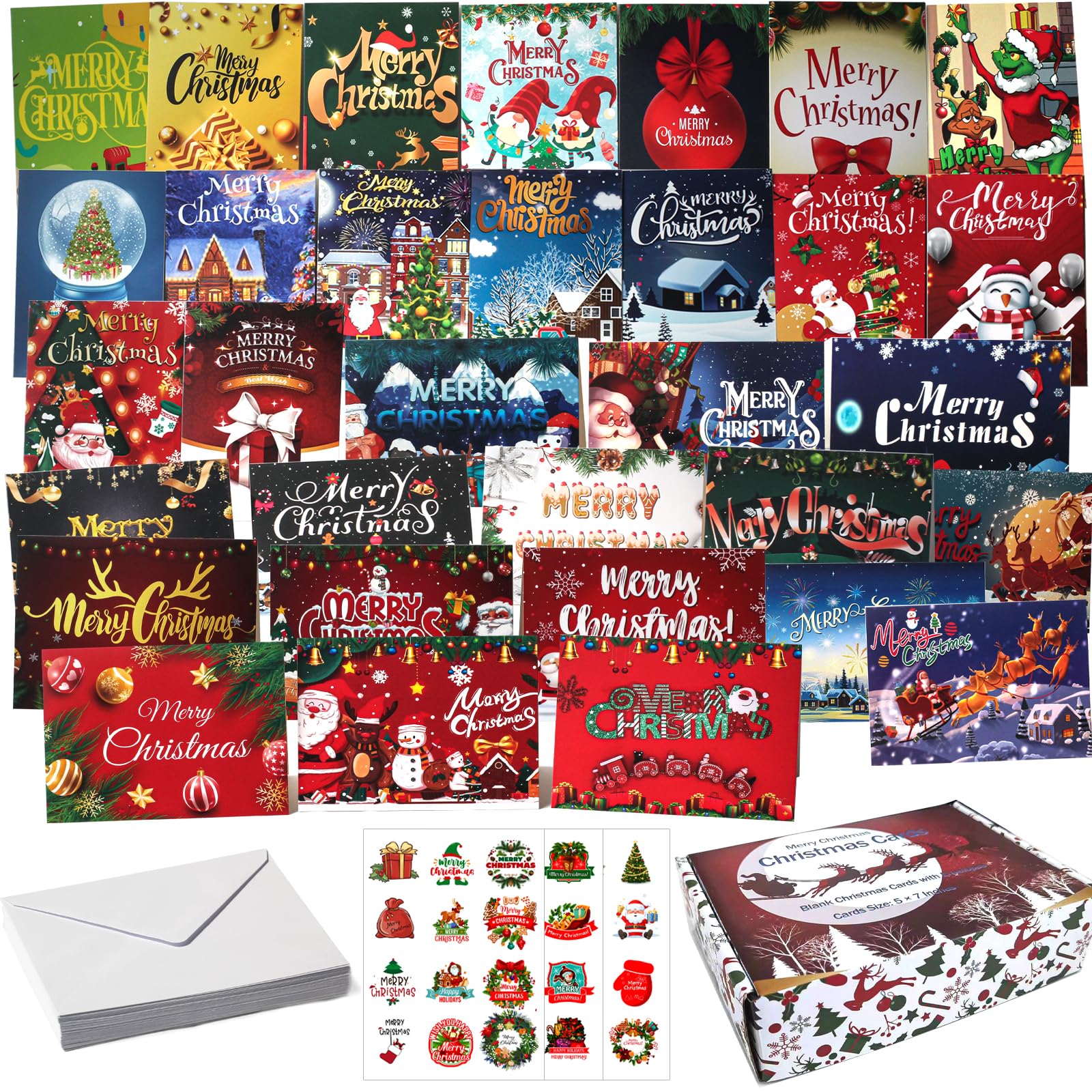 32 Bulk Christmas Cards, Assorted Christmas Cards with Envelopes, Matching Stickers and Storage Box - 5 x 7 Inch Blank Christmas Greeting Cards Perfect to Send Warm Holiday Wishes to Friends and