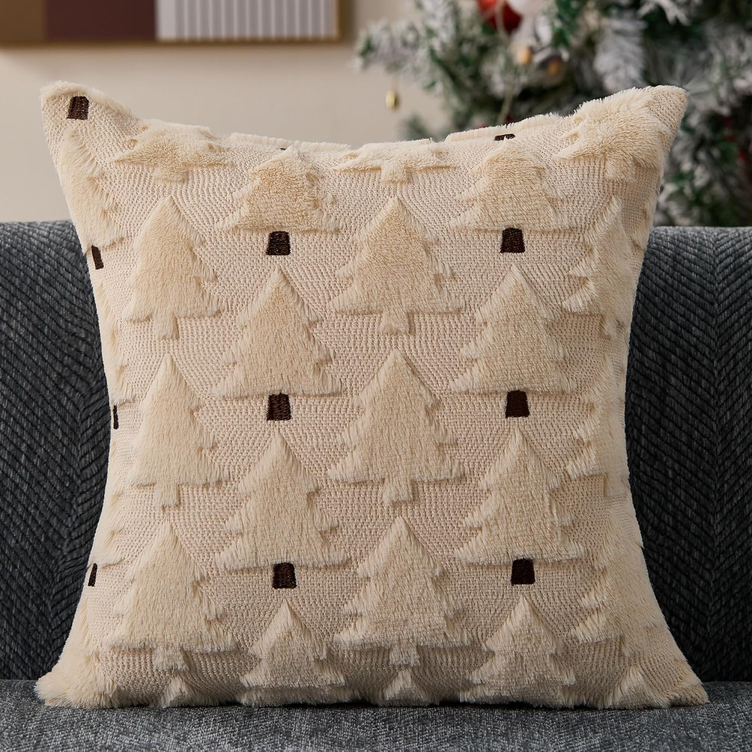 Allorry Christmas Pillow Covers 18x18 inch Set of 2 Christmas Decorations Soft Plush Faux Fur Wool Beige Xmas Tree Throw Pillow Cases Winter Holiday Decor for Sofa Living Room PT-012R18