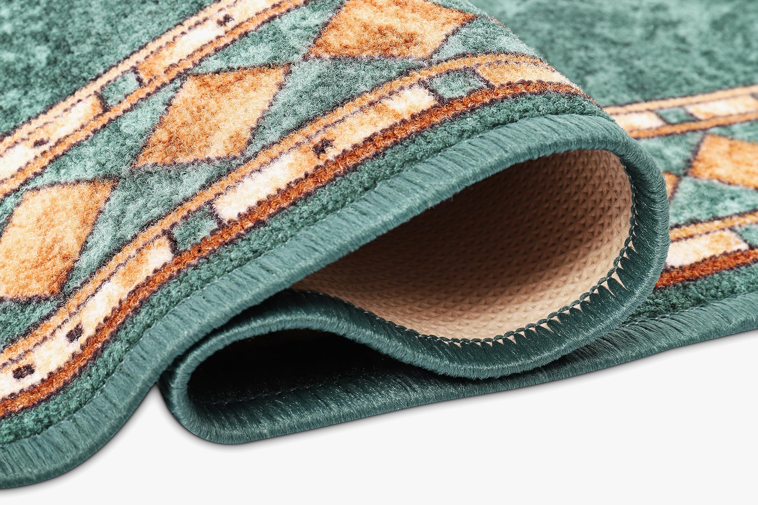 TAPISO Antidérapant Tapis Couloir Long Tapis au Mètre Tapis de Passage Poils Ras Tapis Entrée Cuisine Évier Chambre Escaliers Moderne Vert Marron Géométrique Bordé 67 x 300 cm